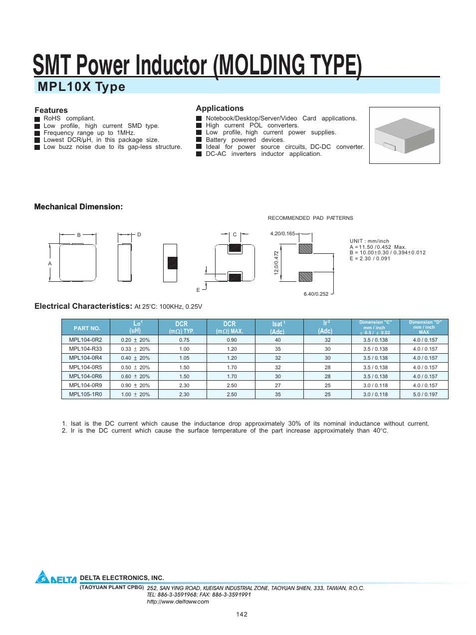 Delta Electronics SMT Power Inductor MPL10X User Manual | 1 page