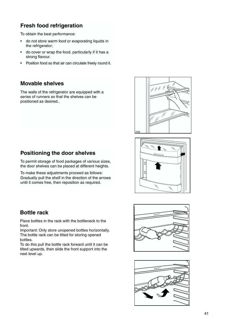 Bottle rack, Fresh food refrigeration, Movable shelves | Positioning the door shelves | DE DIETRICH DKP844 User Manual | Page 10 / 18