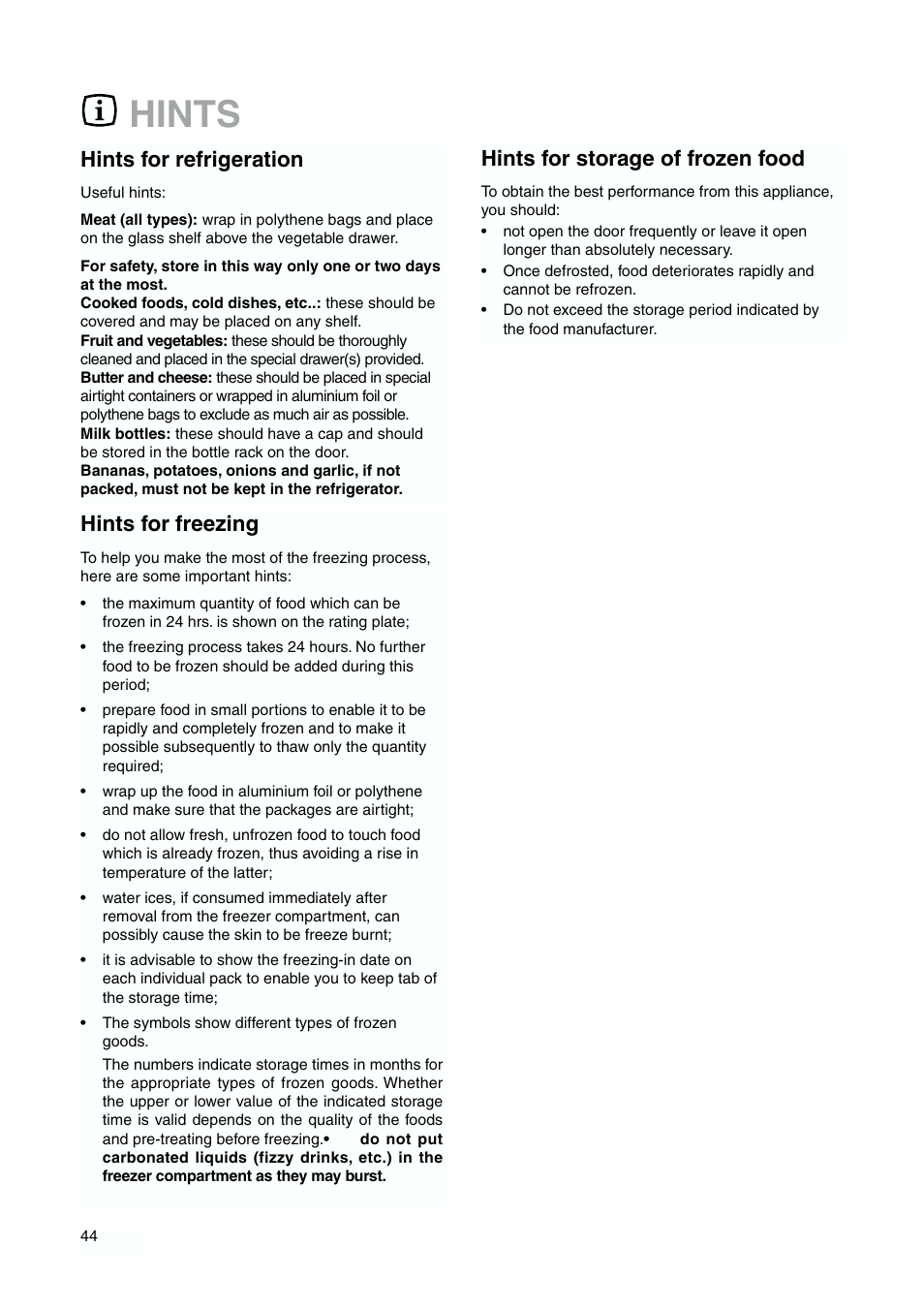 Hints, Hints for freezing, Hints for refrigeration | Hints for storage of frozen food | DE DIETRICH DKP844 User Manual | Page 13 / 18