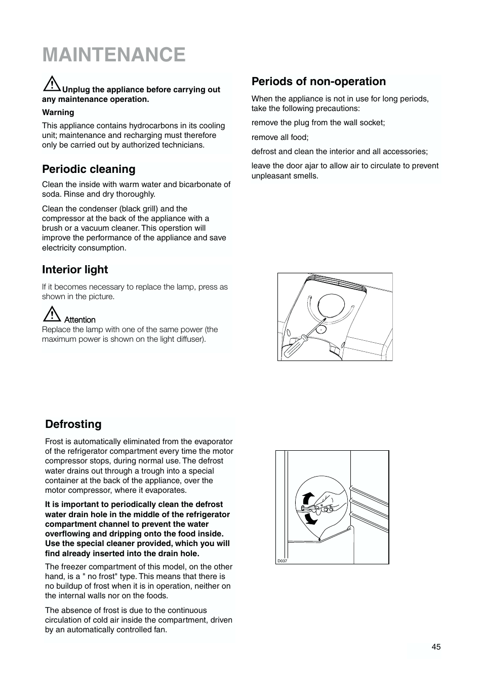 Maintenance, Interior light, Periodic cleaning | Periods of non-operation, Defrosting | DE DIETRICH DKP844 User Manual | Page 14 / 18