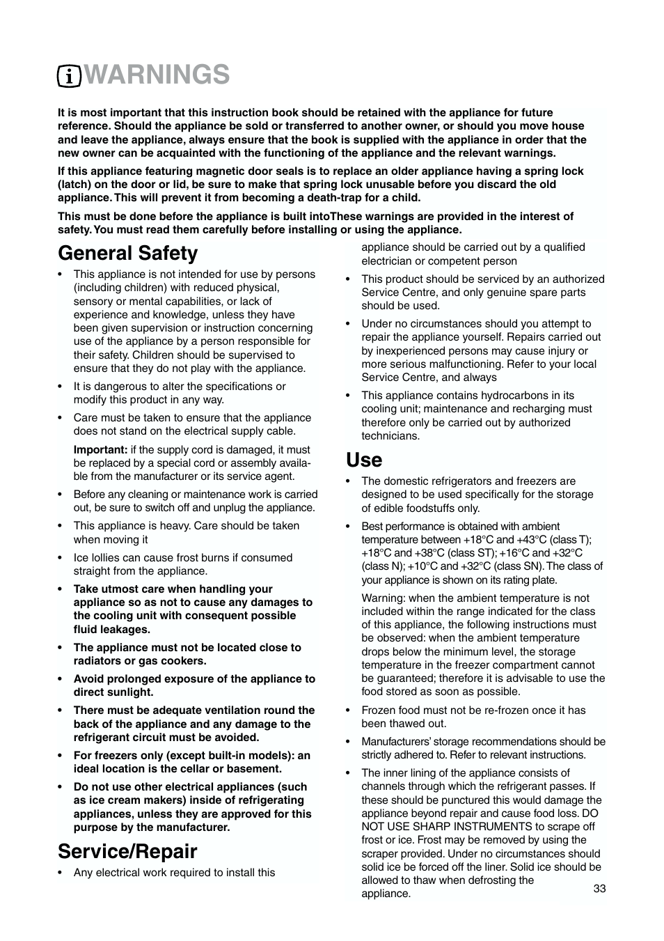 Warnings, General safety, Service/repair | DE DIETRICH DKP844 User Manual | Page 2 / 18