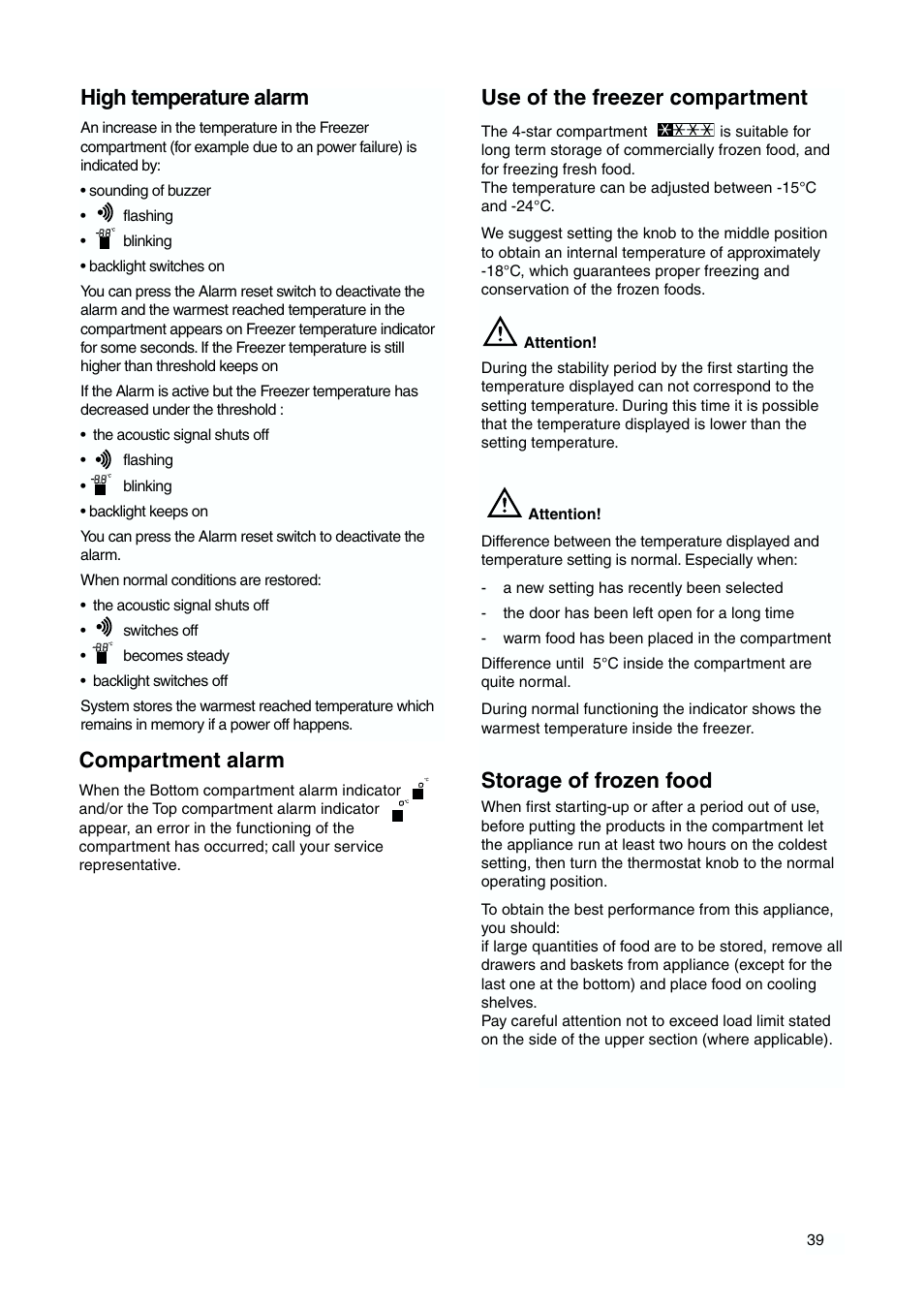 Use of the freezer compartment, Storage of frozen food, High temperature alarm | Compartment alarm | DE DIETRICH DKP844 User Manual | Page 8 / 18