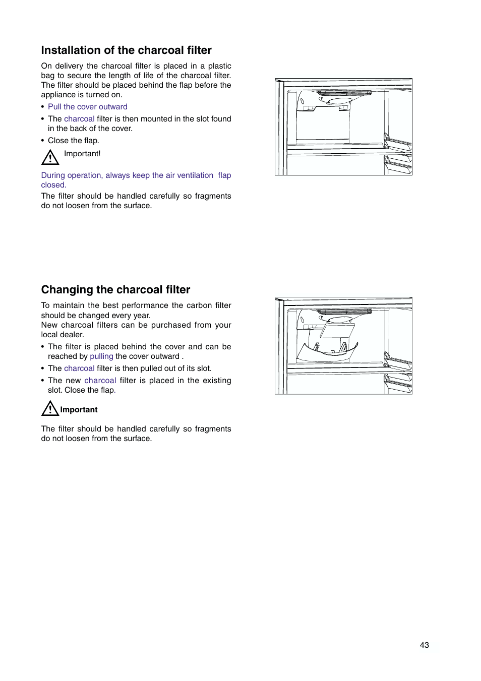 Installation of the charcoal filter, Changing the charcoal filter | DE DIETRICH DKP844 User Manual | Page 12 / 18