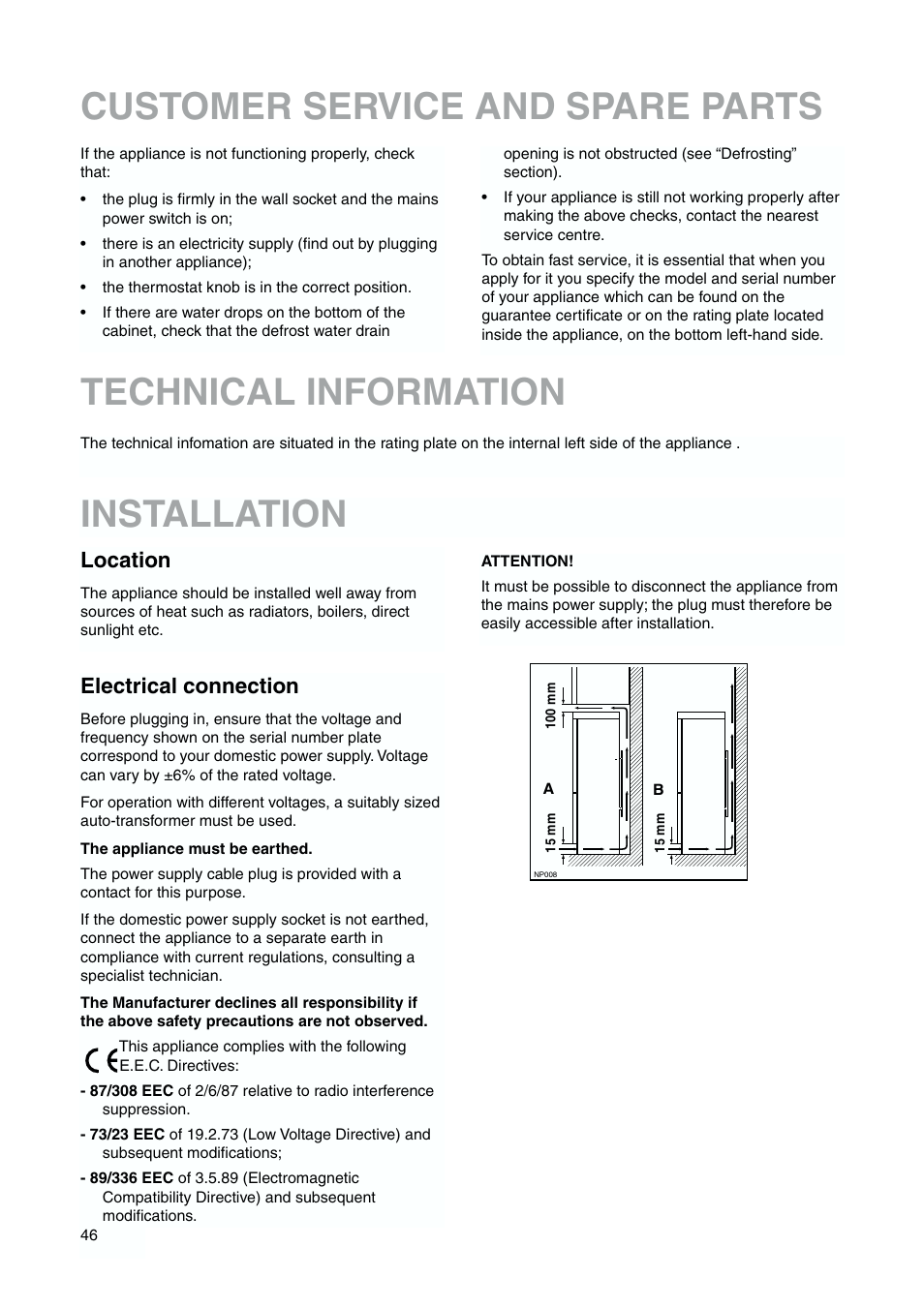 Customer service and spare parts, Technical information, Installation | Location, Electrical connection | DE DIETRICH DKP844 User Manual | Page 15 / 18