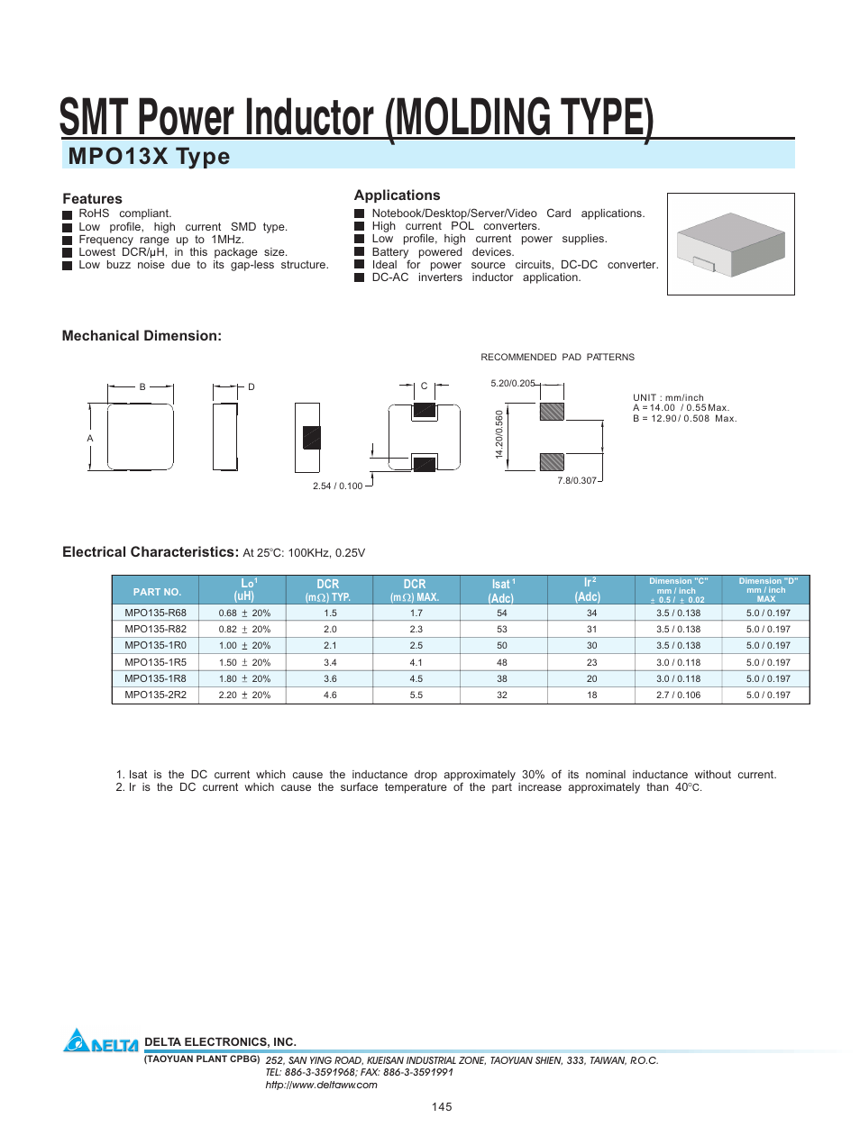 Delta Electronics SMT Power Inductor MPO13X User Manual | 1 page