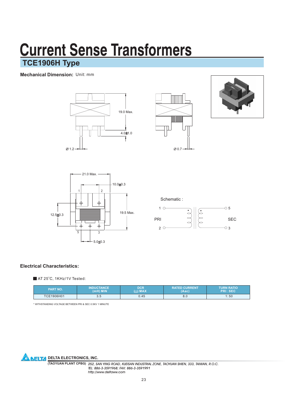 Delta Electronics Current Sense Transformers TCE1906H User Manual | 1 page