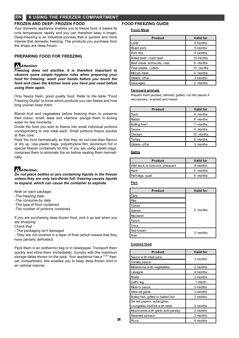 Frozen and deep- frozen food, Preparing food for freezing, Food freezing guide | 6 using the freezer compartment en | DE DIETRICH DKT863X User Manual | Page 11 / 16