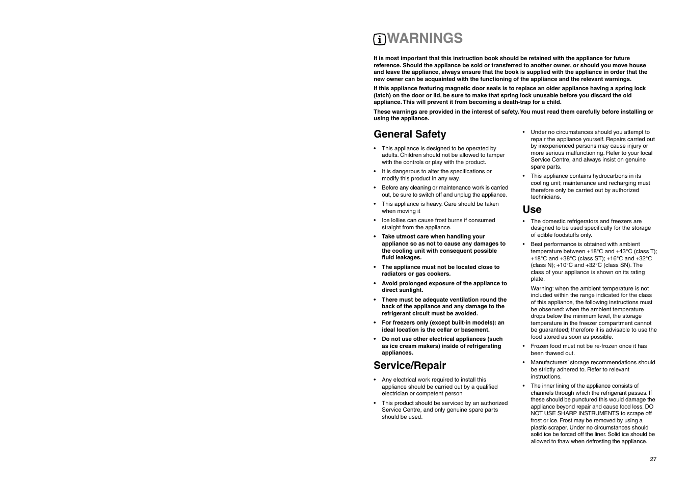Warnings, General safety, Service/repair | DE DIETRICH DRC629JE User Manual | Page 2 / 13