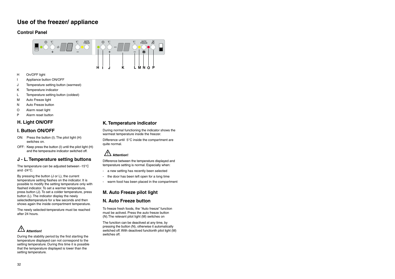 Use of the freezer/ appliance, H. light on/off i. button on/off, K. temperature indicator | J - l. temperature setting buttons, M. auto freeze pilot light n. auto freeze button, Control panel | DE DIETRICH DRC629JE User Manual | Page 7 / 13