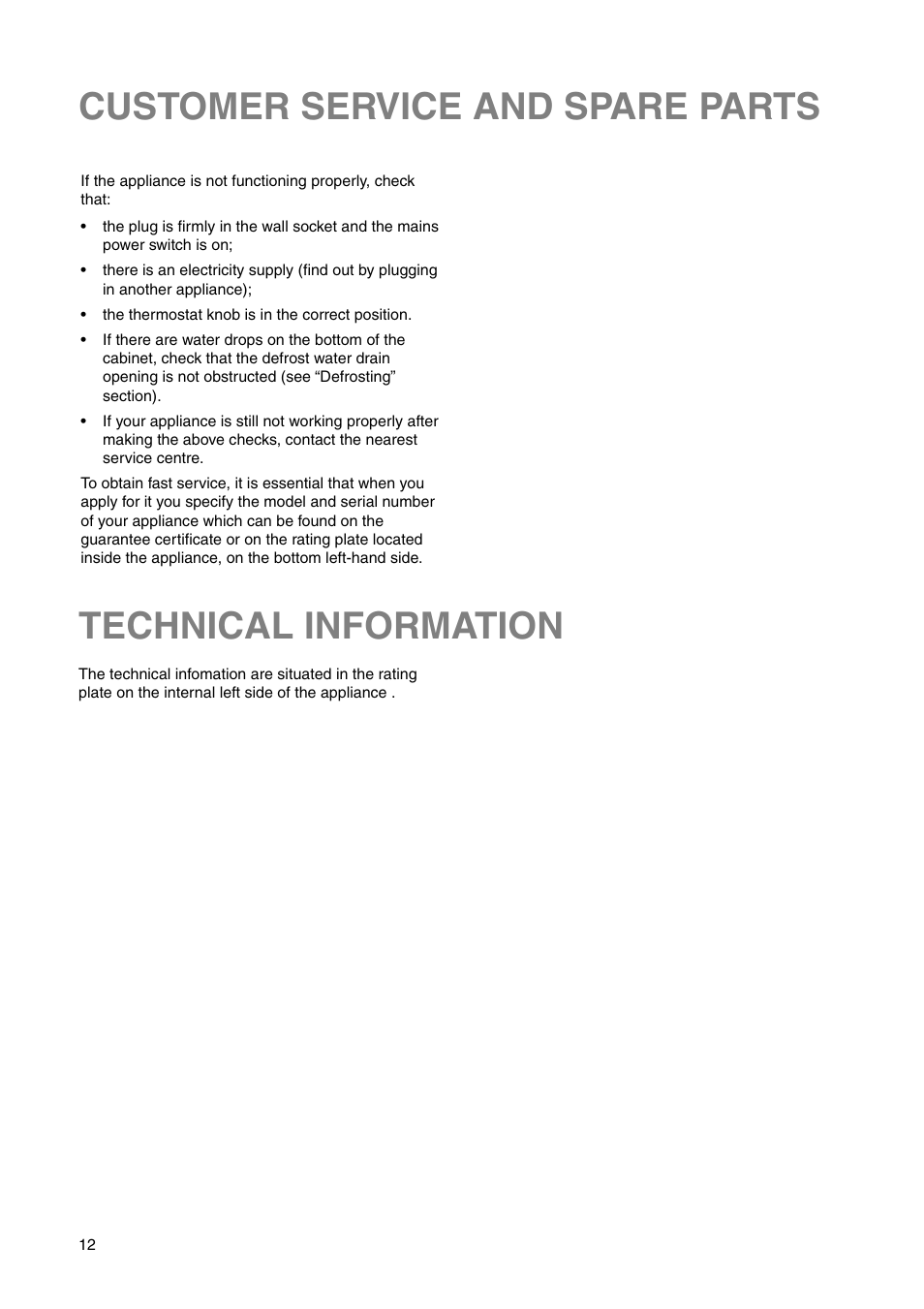 Customer service and spare parts, Technical information | DE DIETRICH DRC725JE User Manual | Page 12 / 20