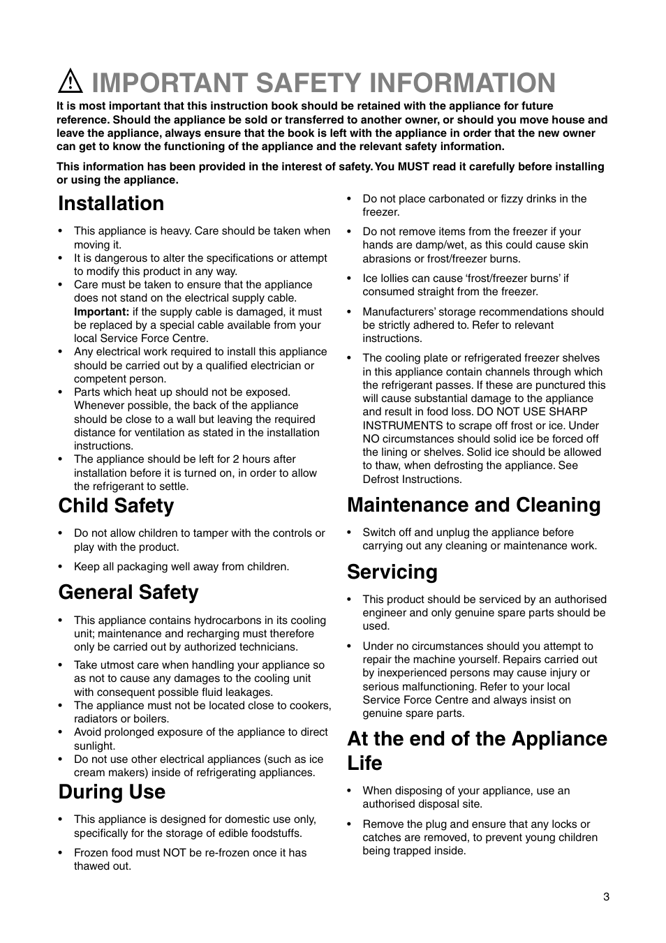 Important safety information, Installation, Child safety | General safety, During use, Maintenance and cleaning, Servicing, At the end of the appliance life | DE DIETRICH DRC725JE User Manual | Page 3 / 20