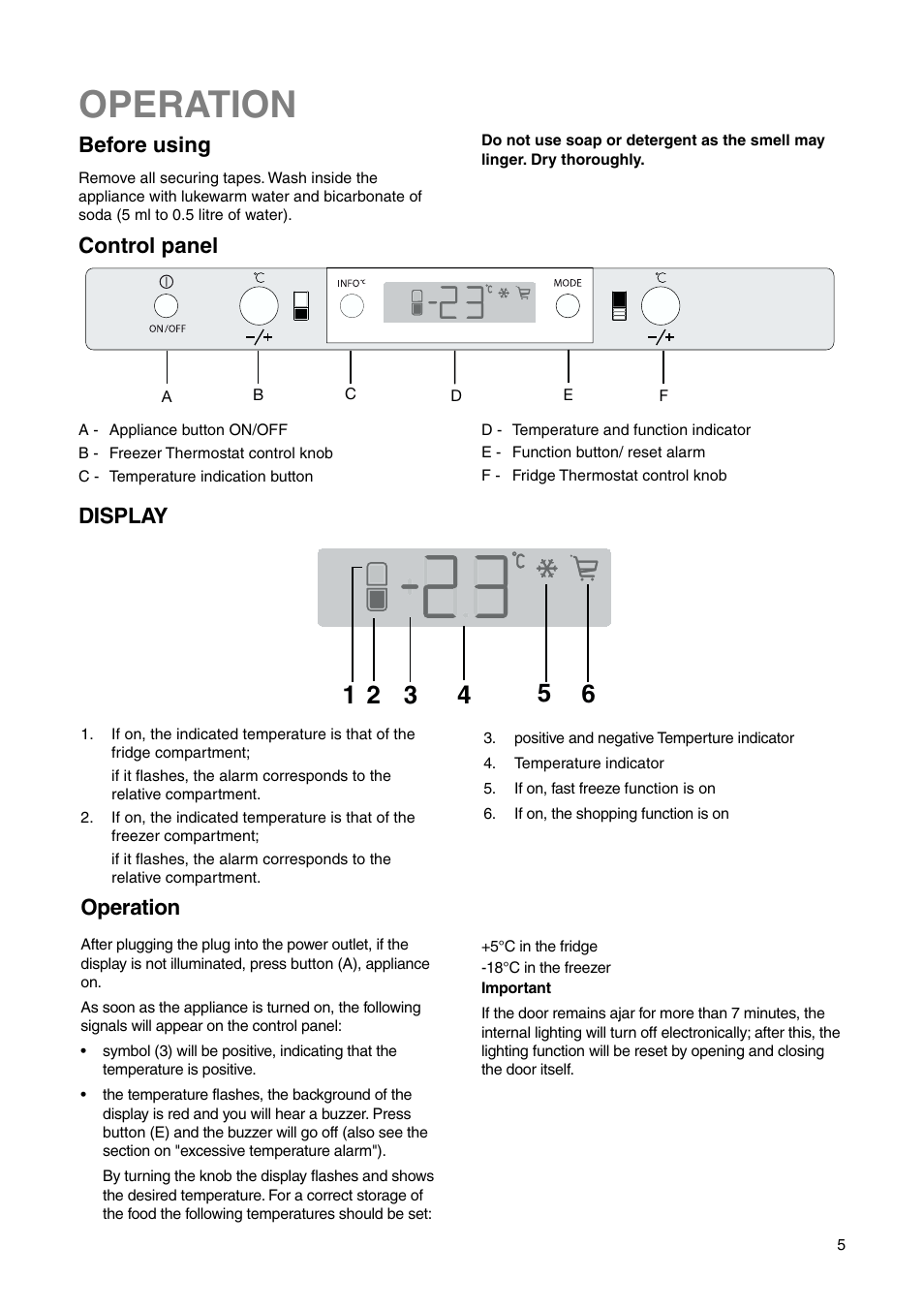 Operation, Before using, Control panel | Display | DE DIETRICH DRC725JE User Manual | Page 5 / 20
