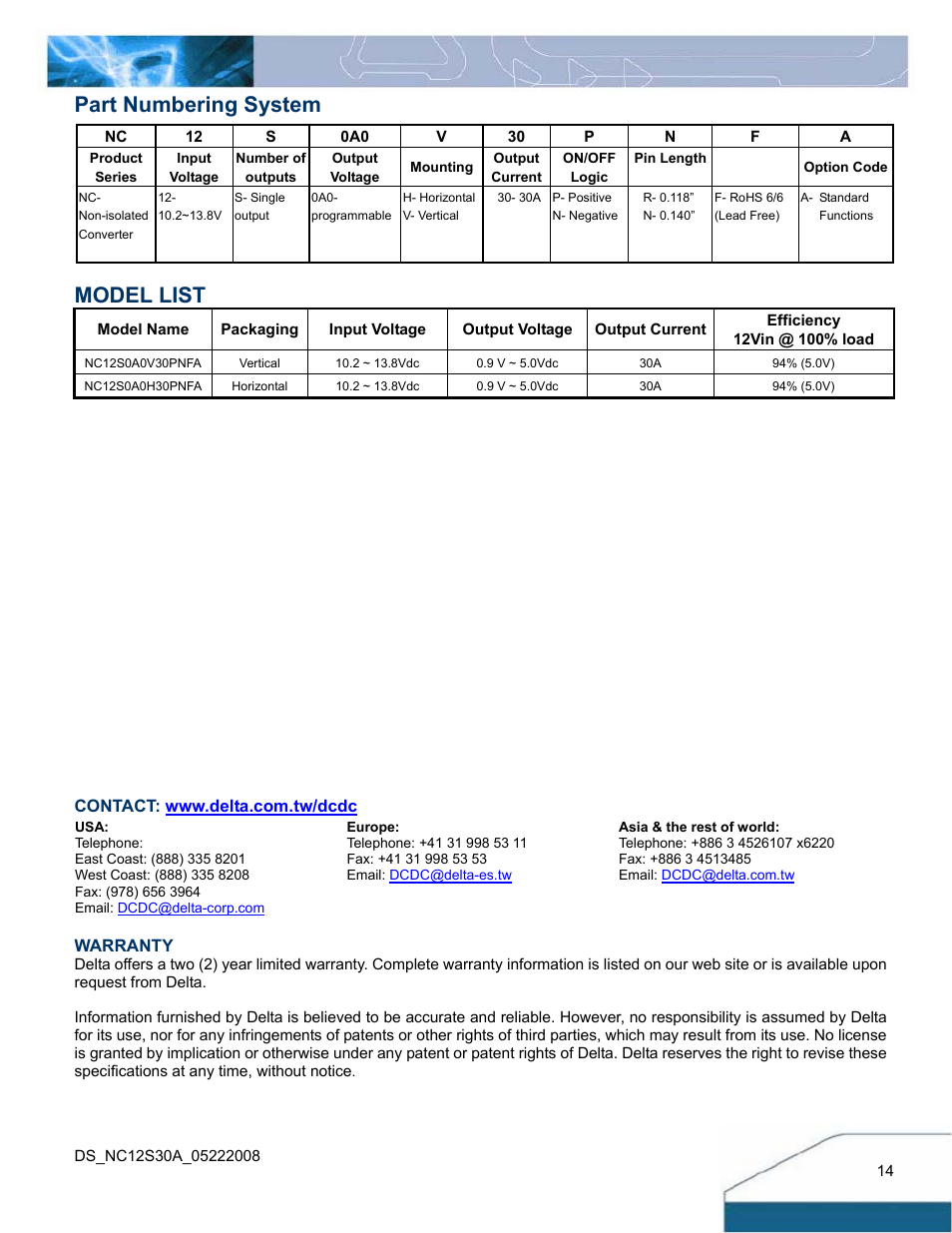 Part numbering system model list | Delta Electronics Delphi NC30 User Manual | Page 14 / 14