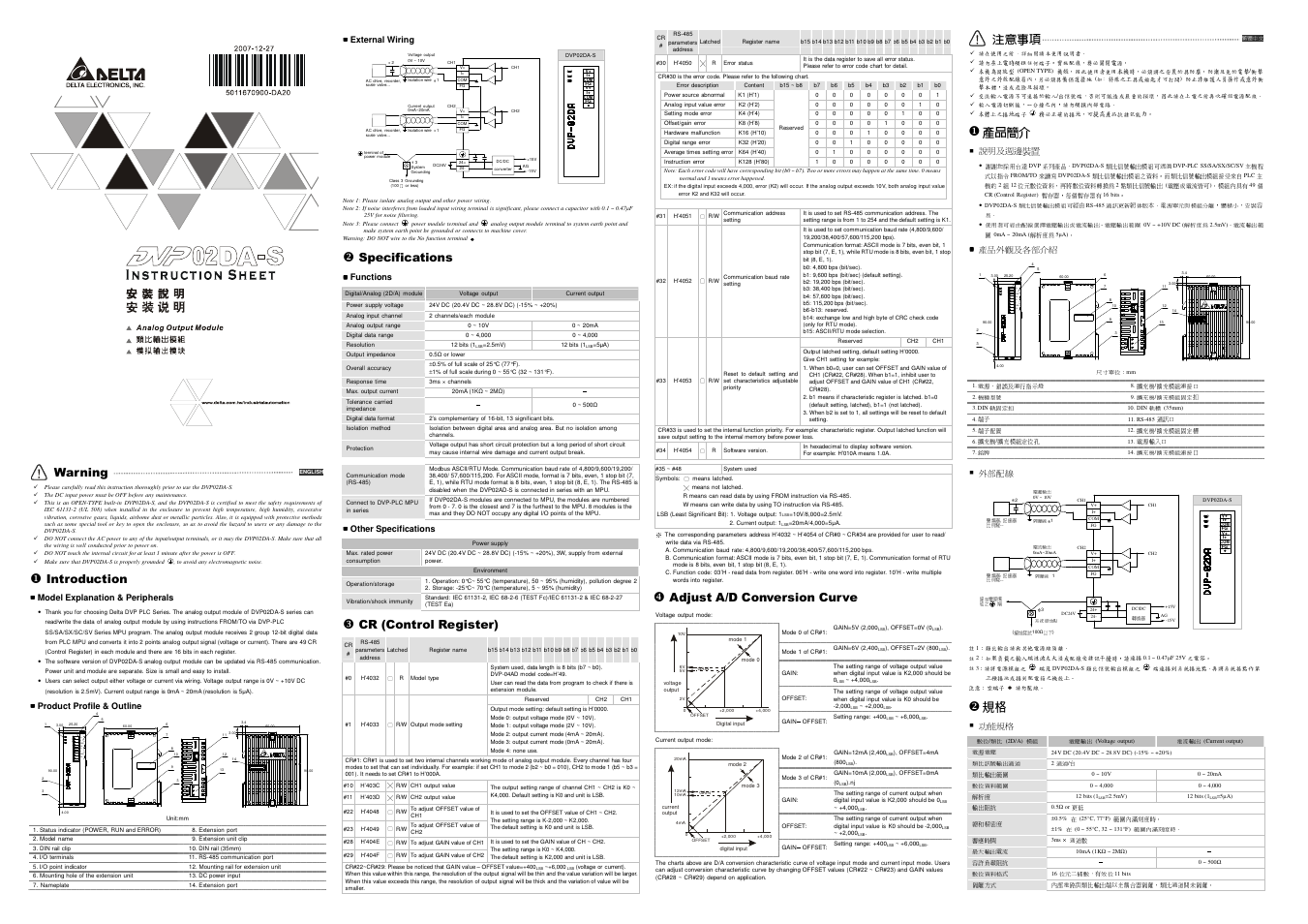 Delta Electronics Analog Output Module DVP02DA-S User Manual | 2 pages