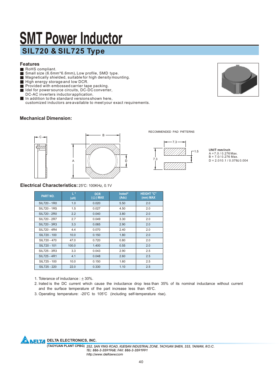 Delta Electronics SMT Power Inductor SIL725 User Manual | 1 page