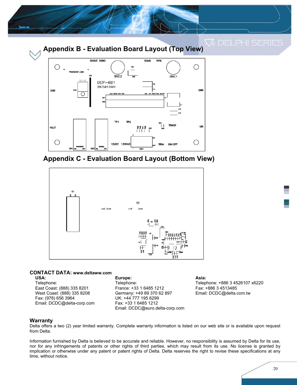 Appendix b - evaluation board layout (top view), Appendix c - evaluation board layout (bottom view) | Delta Electronics DNL SIP Series User Manual | Page 20 / 20