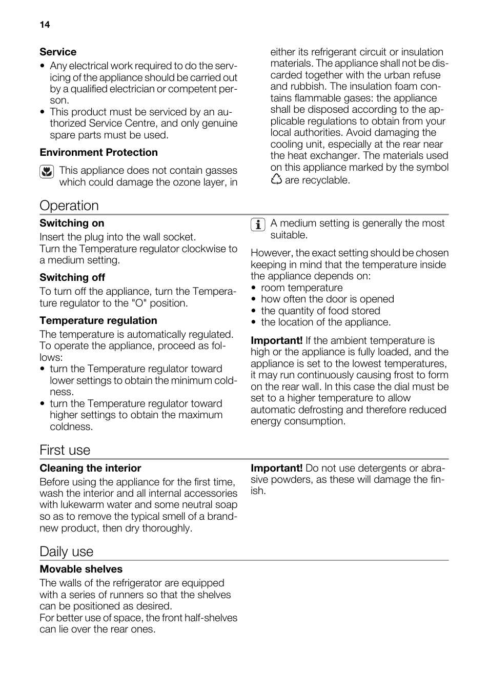 Operation, First use, Daily use | DE DIETRICH DRF912JE User Manual | Page 14 / 64