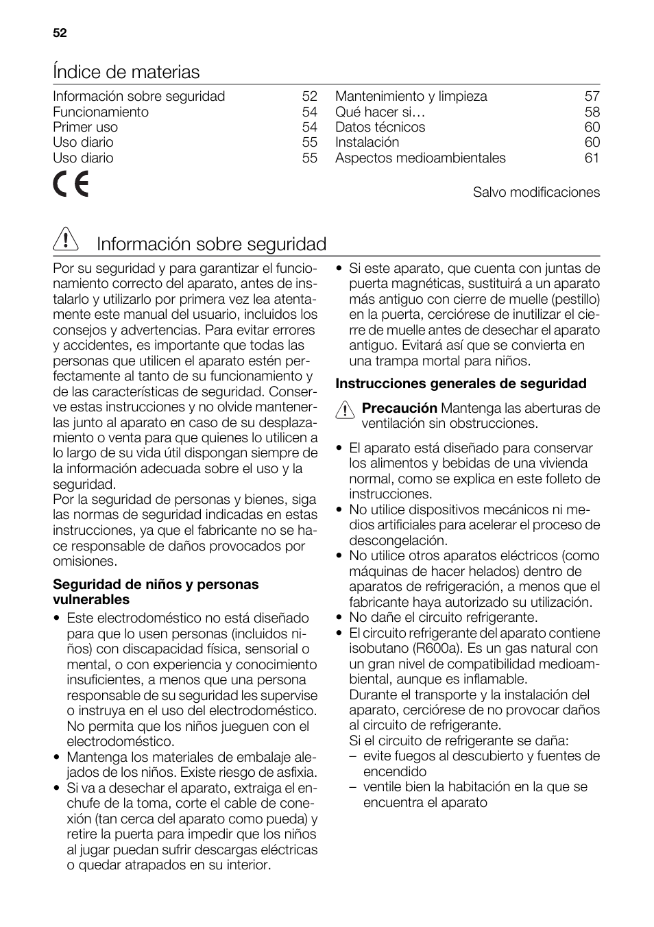 Índice de materias, Información sobre seguridad | DE DIETRICH DRF912JE User Manual | Page 52 / 64