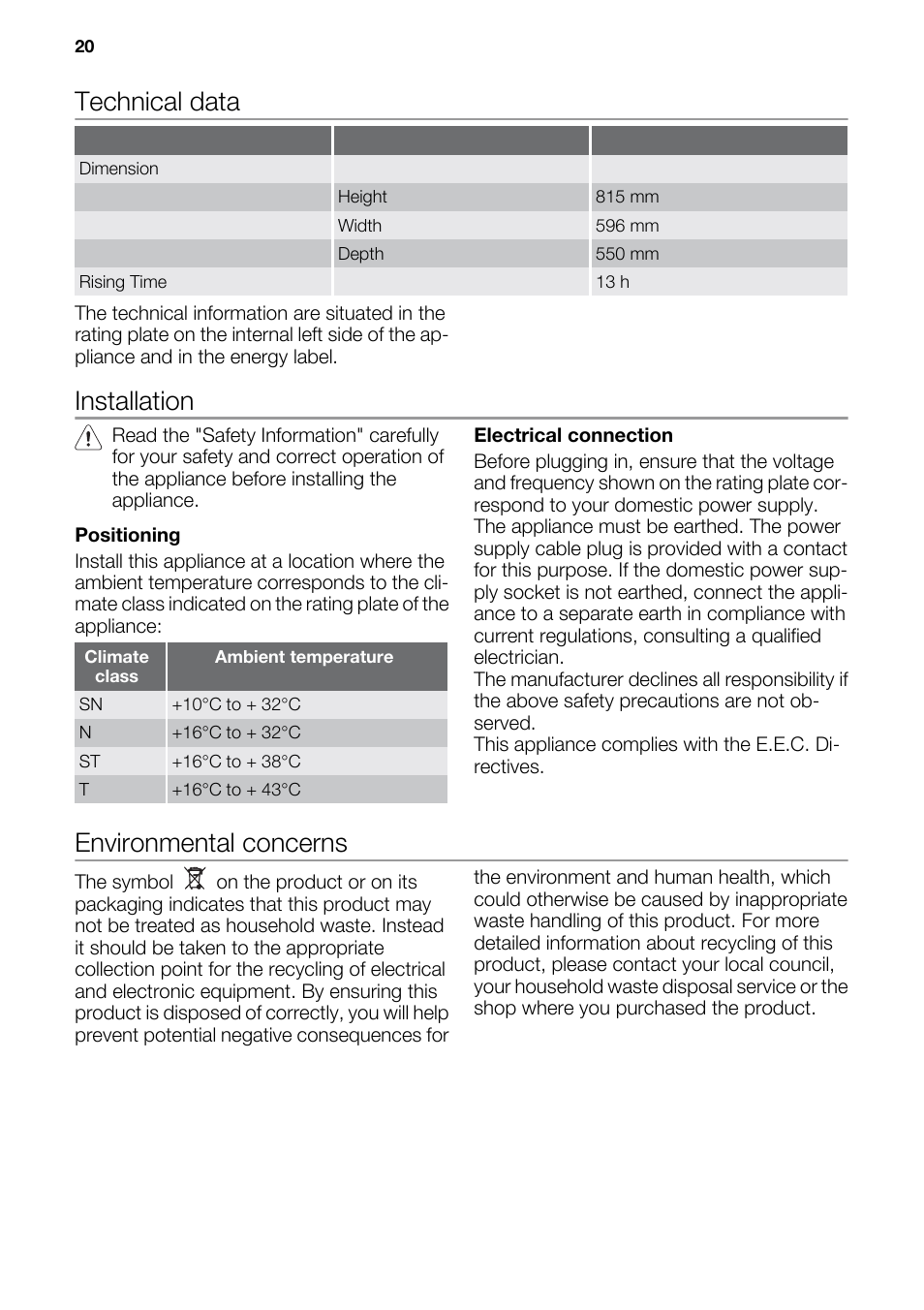 Technical data, Installation, Environmental concerns | DE DIETRICH DRF912JE User Manual | Page 20 / 64