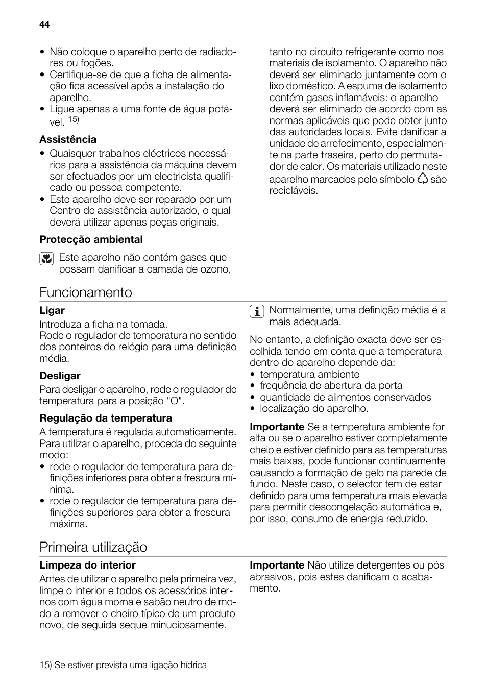 Funcionamento, Primeira utilização | DE DIETRICH DRF912JE User Manual | Page 44 / 64