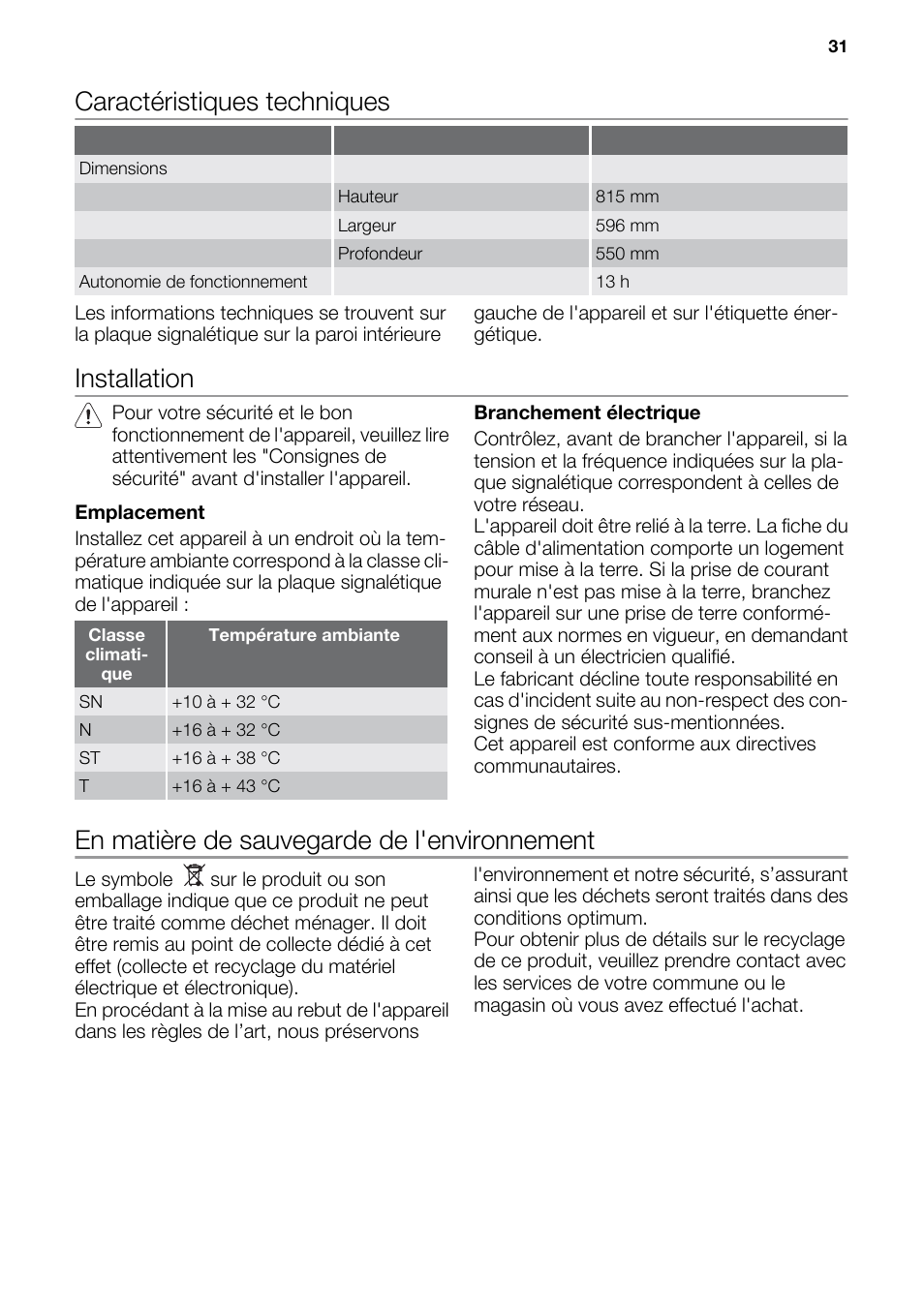 Caractéristiques techniques, Installation, En matière de sauvegarde de l'environnement | DE DIETRICH DRF912JE User Manual | Page 31 / 64