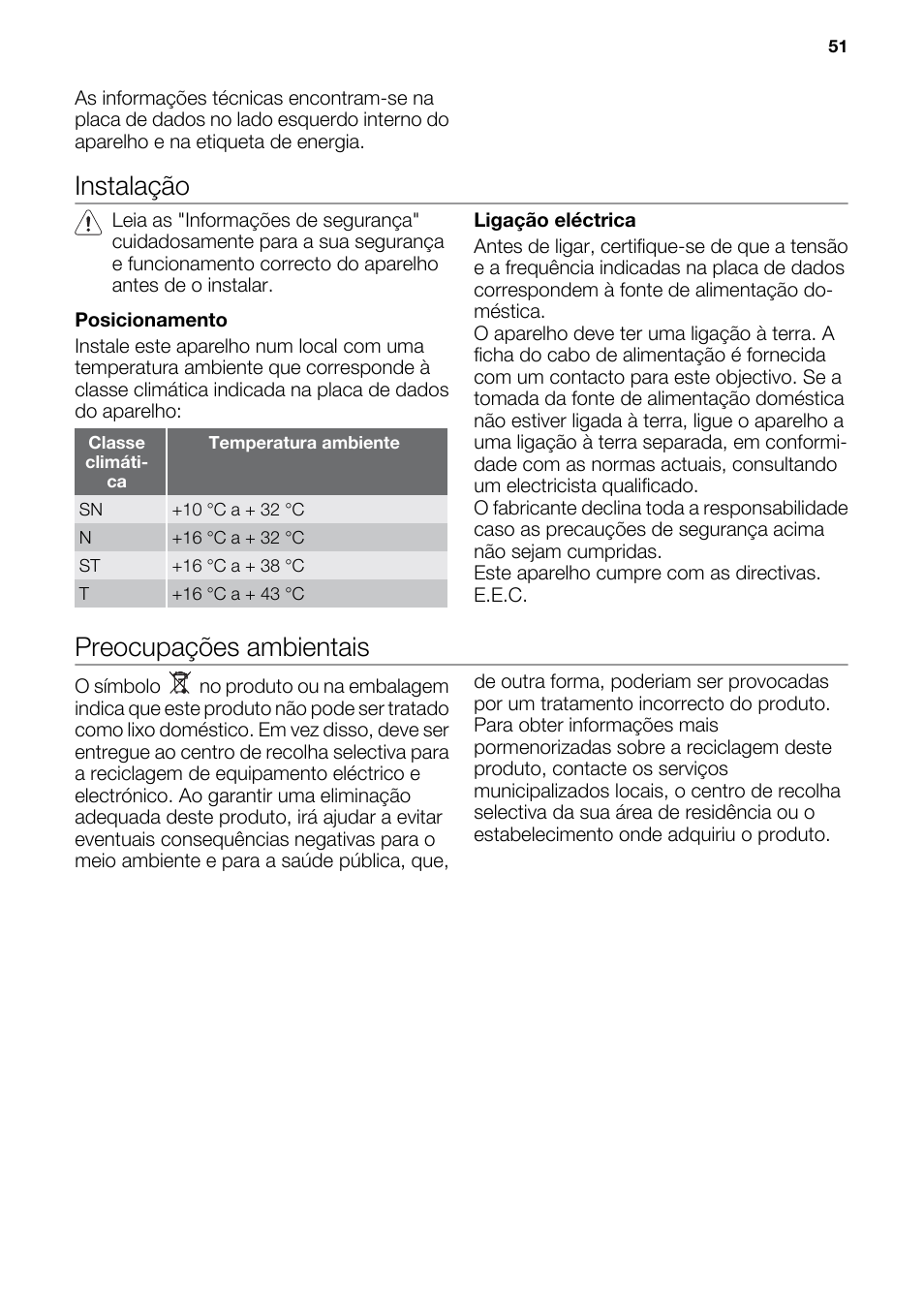 Instalação, Preocupações ambientais | DE DIETRICH DRF912JE User Manual | Page 51 / 64