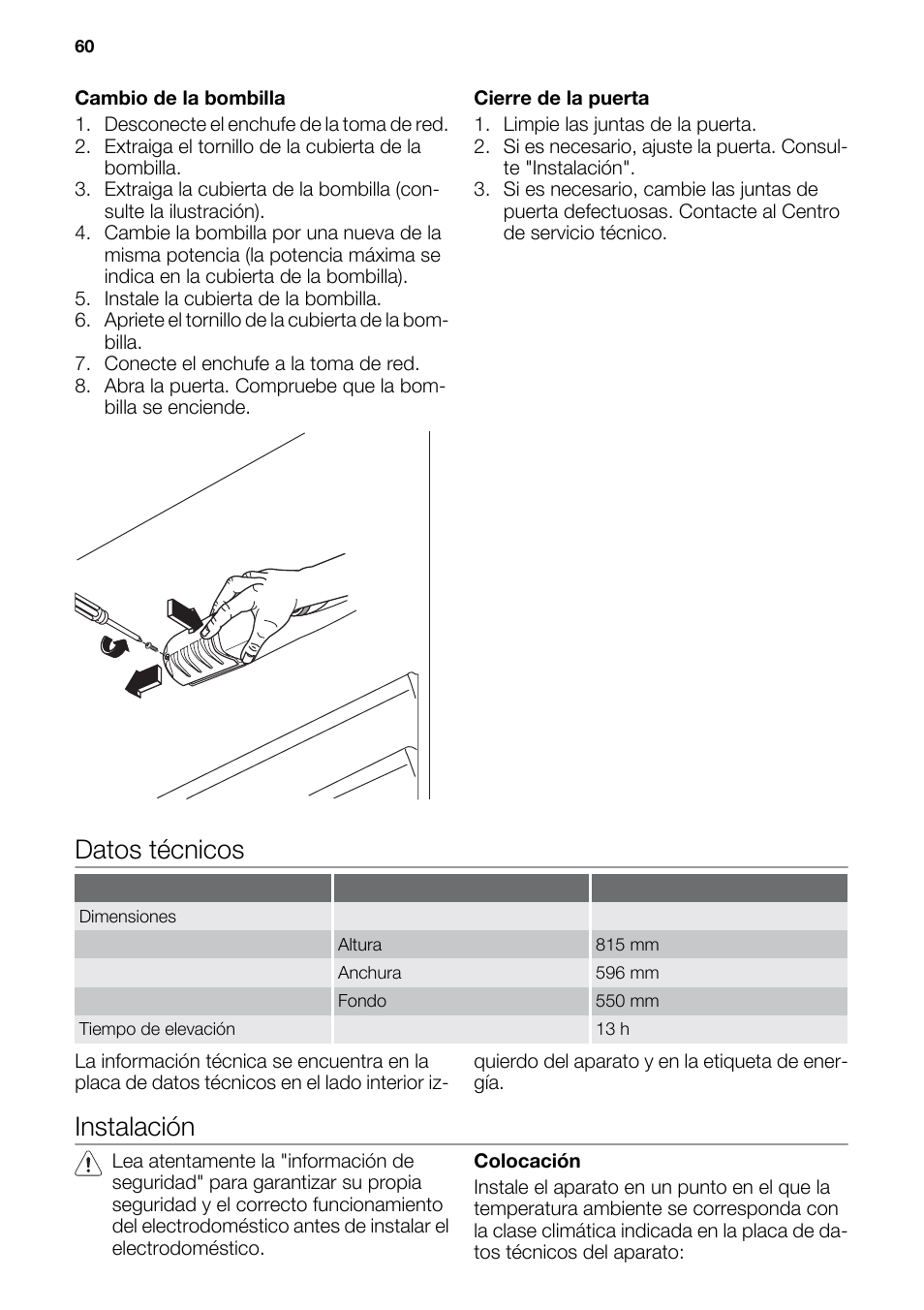 Datos técnicos, Instalación | DE DIETRICH DRF912JE User Manual | Page 60 / 64