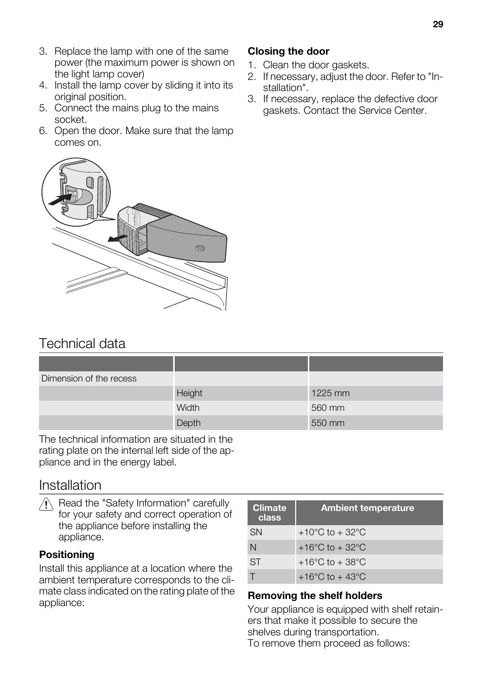 Technical data, Installation | DE DIETRICH DRC927JE User Manual | Page 29 / 44