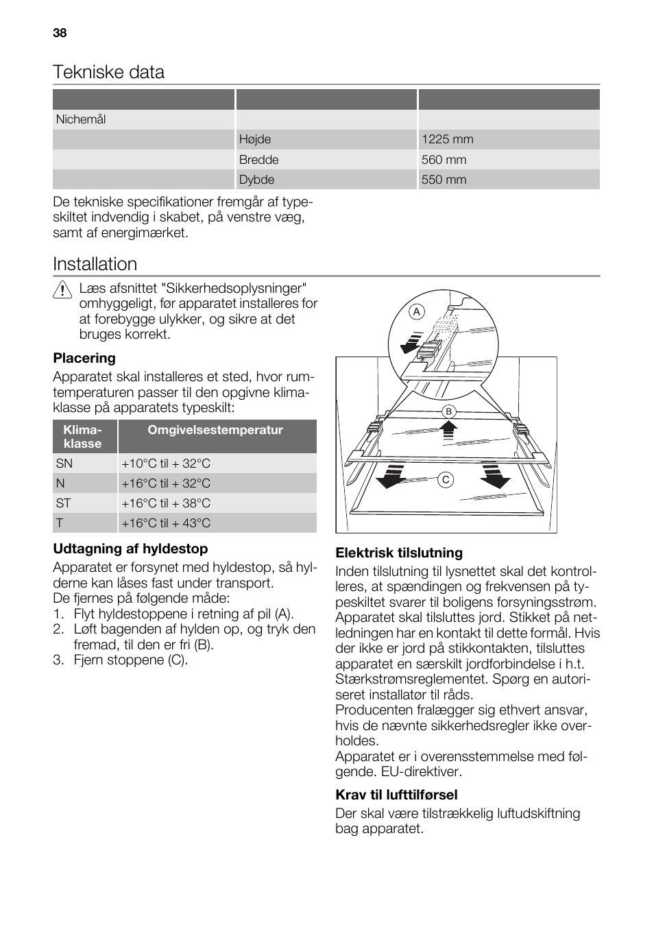 Tekniske data, Installation | DE DIETRICH DRC927JE User Manual | Page 38 / 44