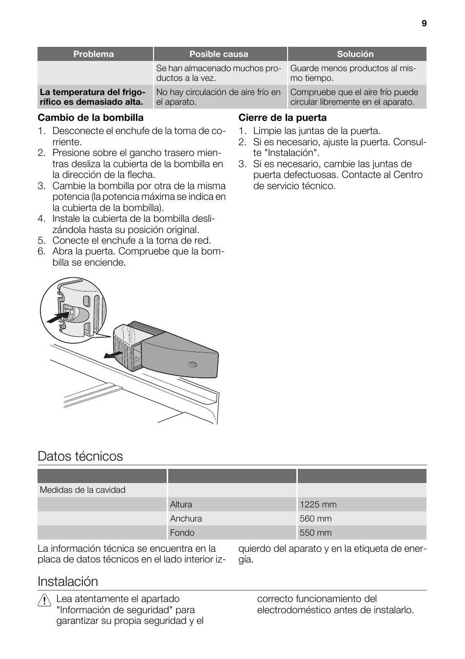 Datos técnicos, Instalación | DE DIETRICH DRC927JE User Manual | Page 9 / 44