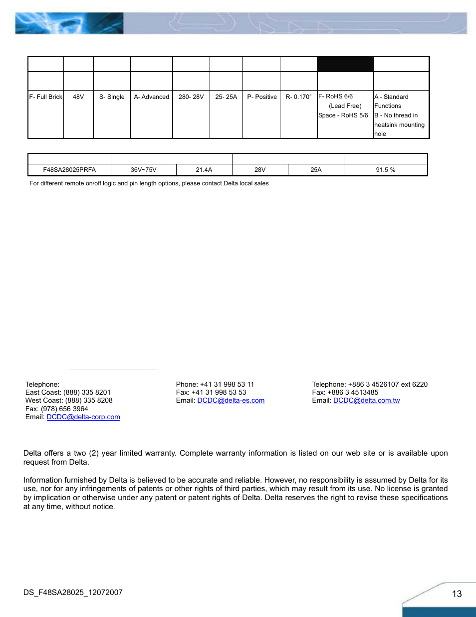 Warranty, Part numbering system, Model list | Delta Electronics F48SA User Manual | Page 13 / 13