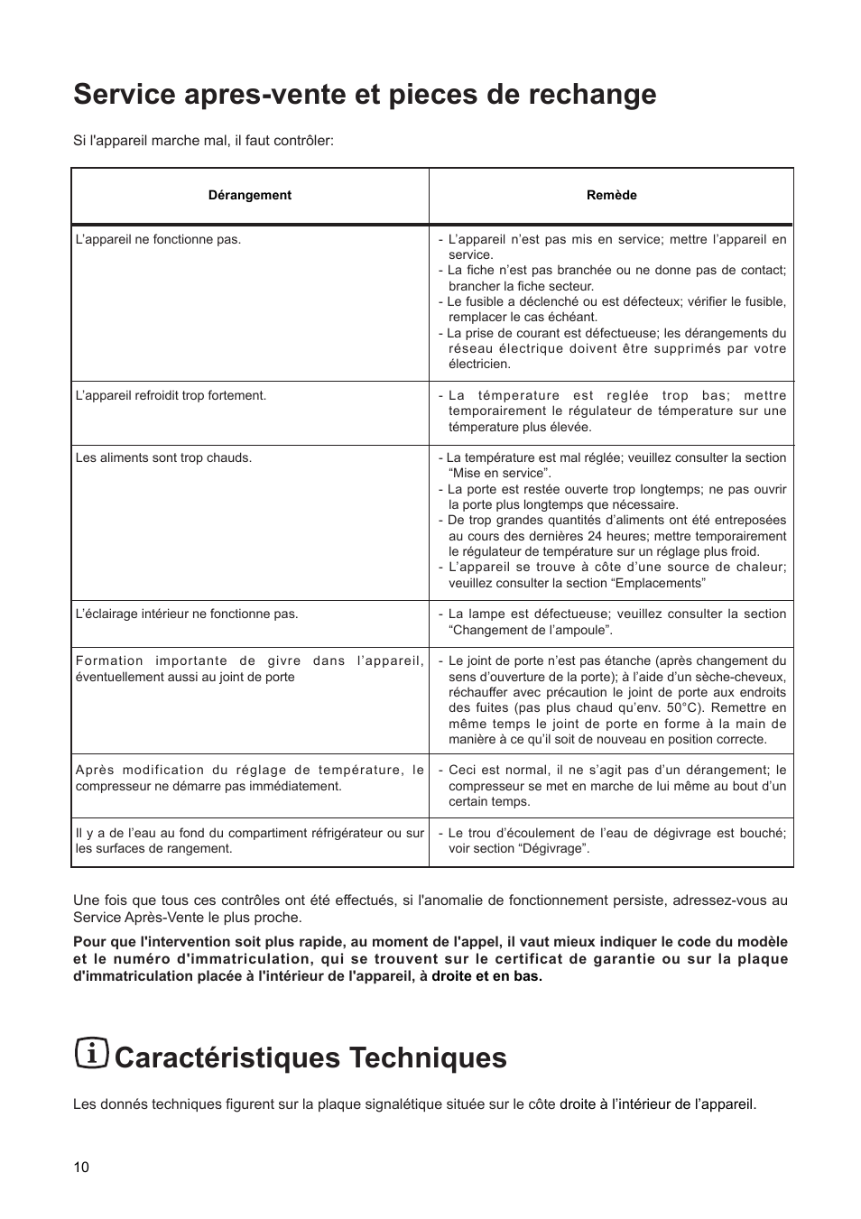 Caractžristiques techniques, Service apres-vente et pieces de rechange | DE DIETRICH DRF312JE1 User Manual | Page 10 / 80