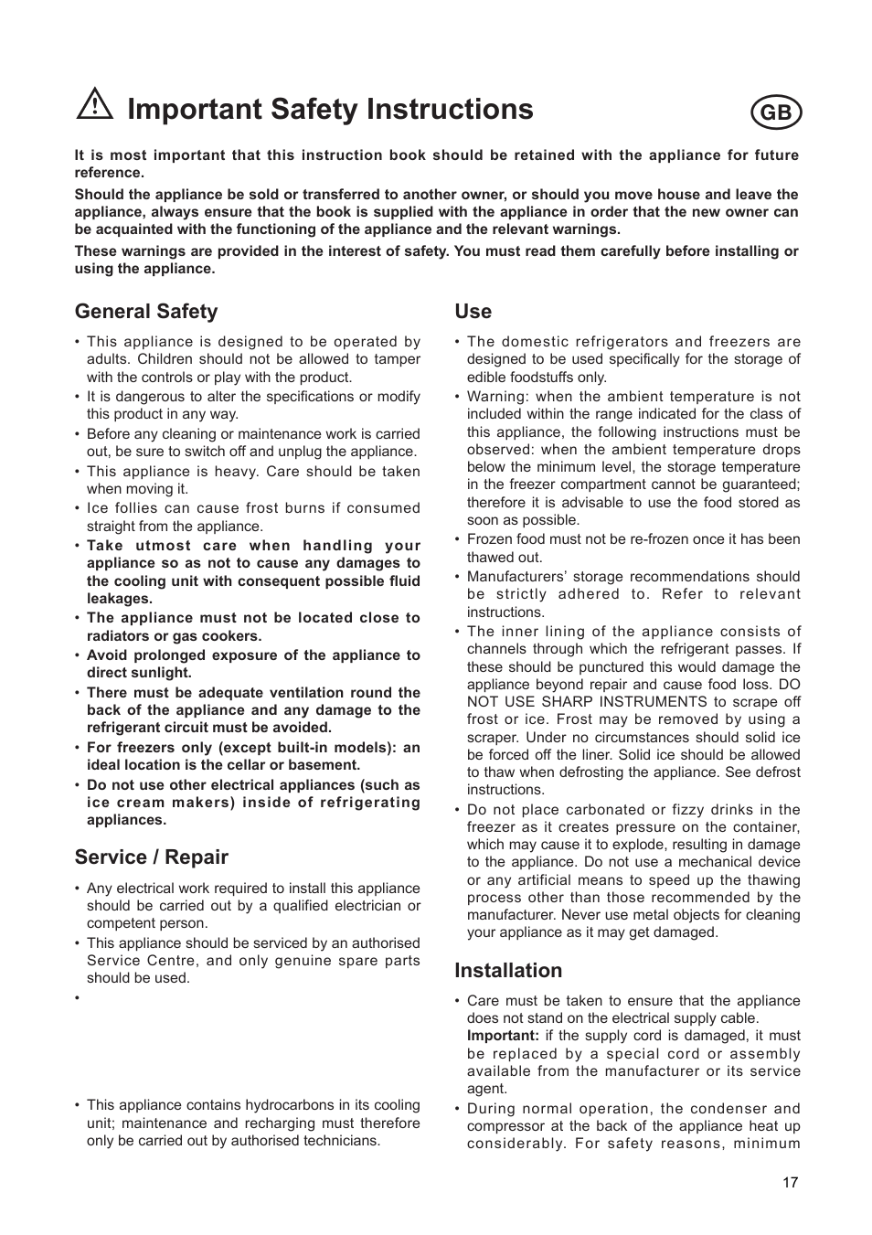 Important safety instructions, General safety, Service / repair | Installation | DE DIETRICH DRF312JE1 User Manual | Page 17 / 80