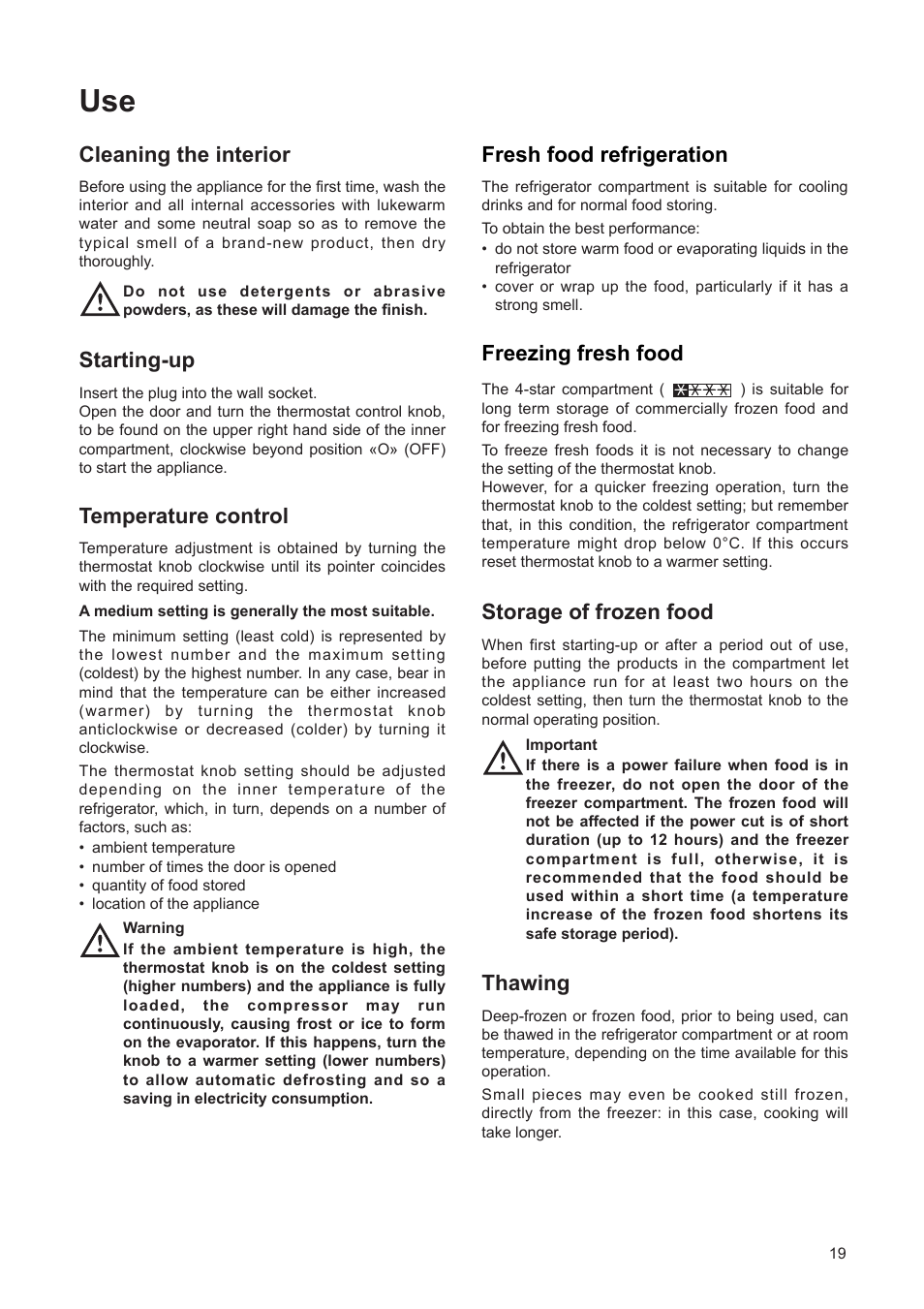 Thawing, Starting-up, Temperature control | Fresh food refrigeration, Cleaning the interior, Freezing fresh food, Storage of frozen food | DE DIETRICH DRF312JE1 User Manual | Page 19 / 80