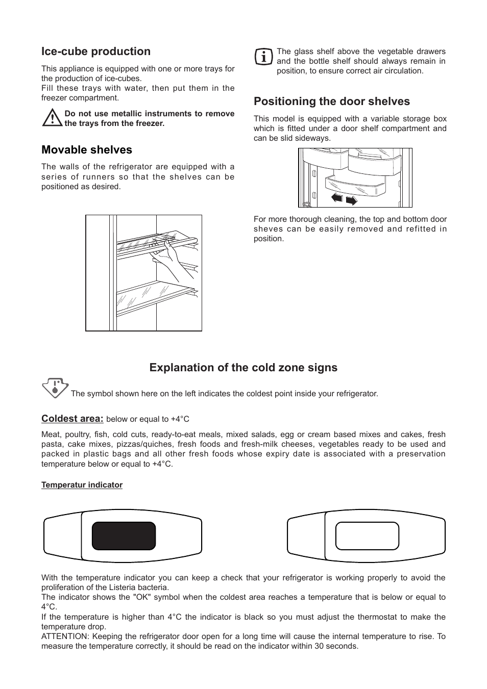 Explanation of the cold zone signs, Ice-cube production, Movable shelves | Positioning the door shelves | DE DIETRICH DRF312JE1 User Manual | Page 20 / 80