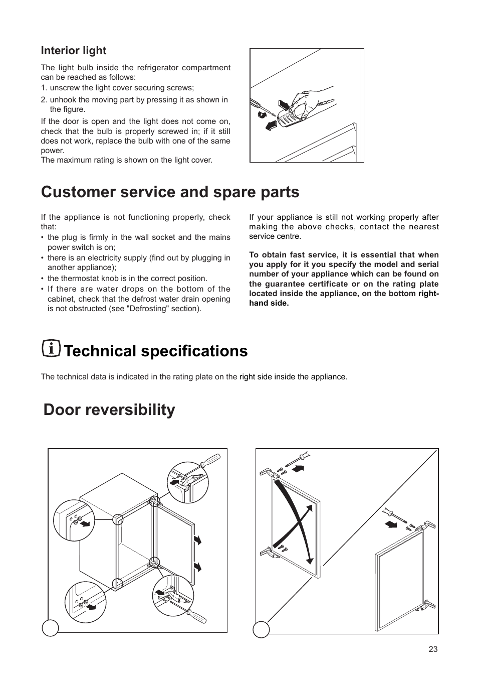 Customer service and spare parts, Technical specifications, Door reversibility | Interior light | DE DIETRICH DRF312JE1 User Manual | Page 23 / 80