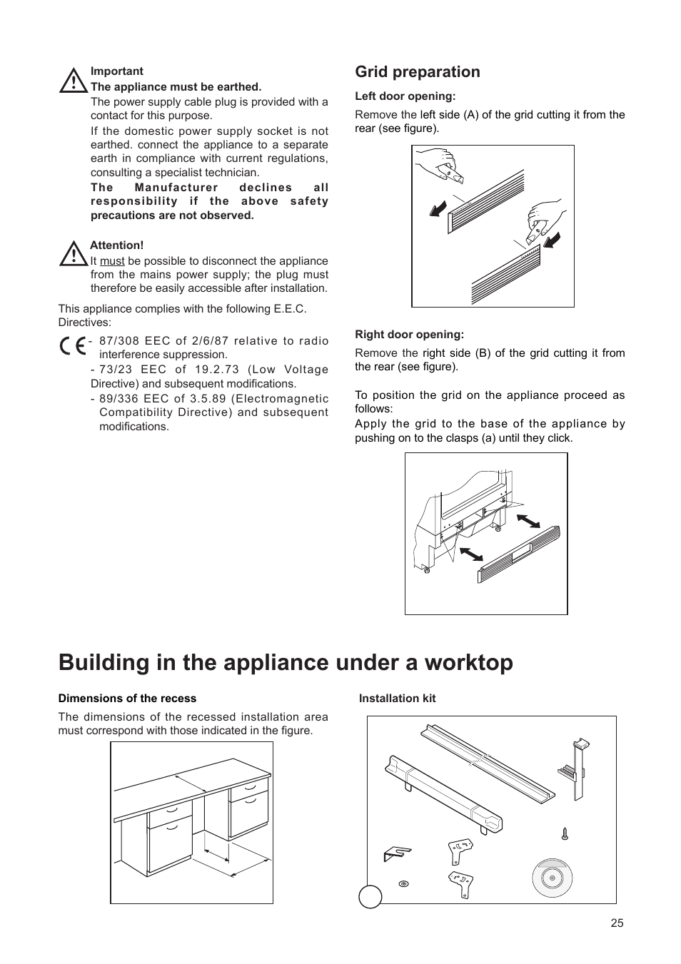 Building in the appliance under a worktop, Grid preparation | DE DIETRICH DRF312JE1 User Manual | Page 25 / 80