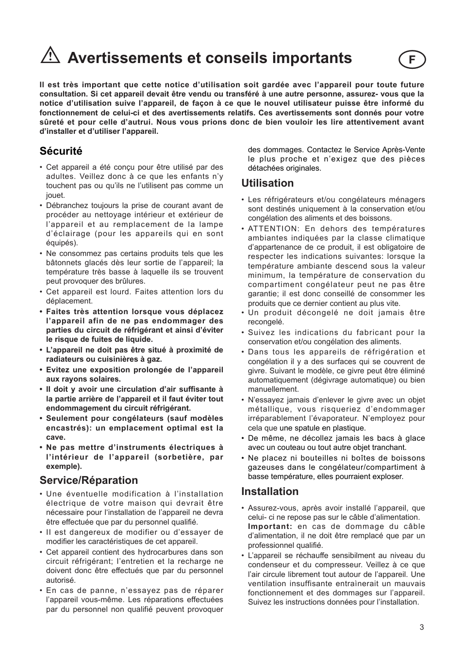 Avertissements et conseils importants, Sžcuritž, Service/ržparation | Utilisation, Installation | DE DIETRICH DRF312JE1 User Manual | Page 3 / 80