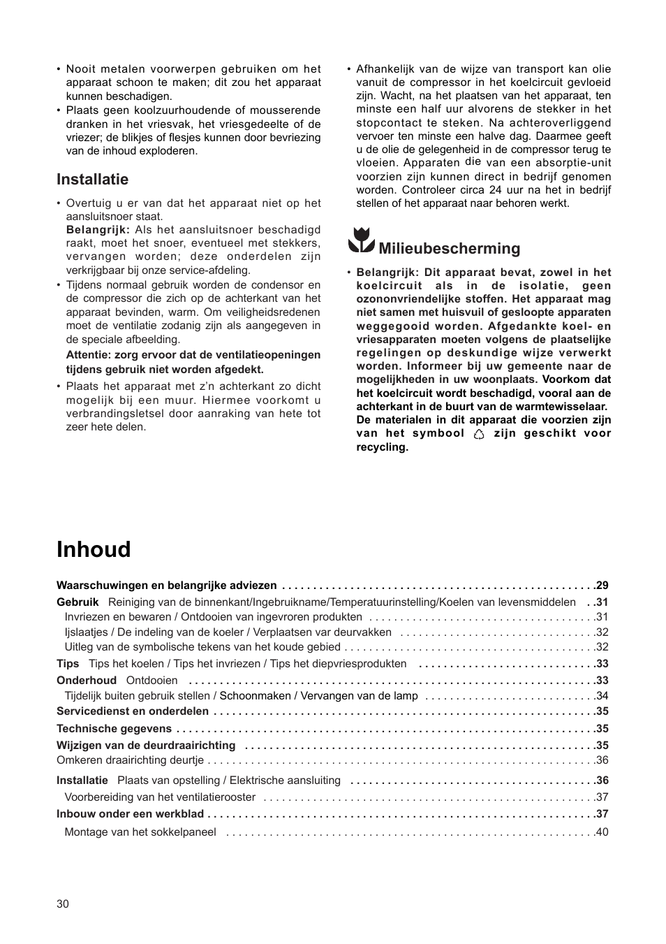 Inhoud, Installatie, Milieubescherming | DE DIETRICH DRF312JE1 User Manual | Page 30 / 80