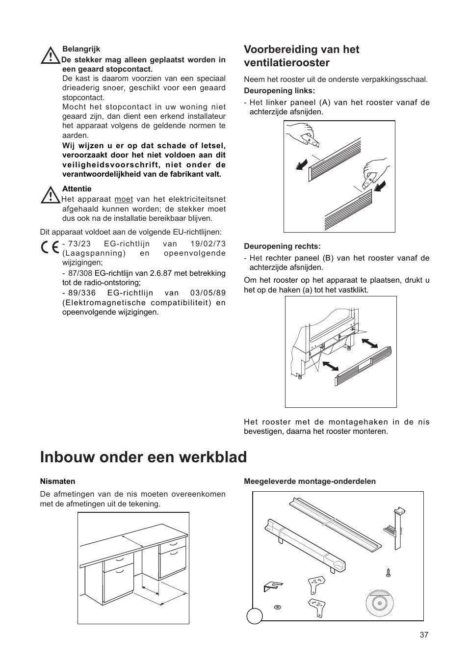 Inbouw onder een werkblad, Voorbereiding van het ventilatierooster | DE DIETRICH DRF312JE1 User Manual | Page 37 / 80