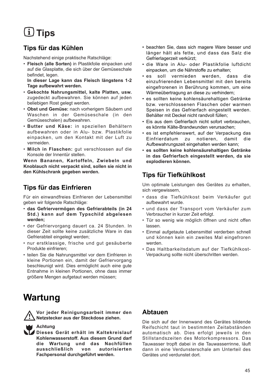 Tips, Wartung, Tips fÿr das kÿhlen | Tips fÿr das einfrieren, Tips fÿr tiefkÿhlkost, Abtauen | DE DIETRICH DRF312JE1 User Manual | Page 45 / 80