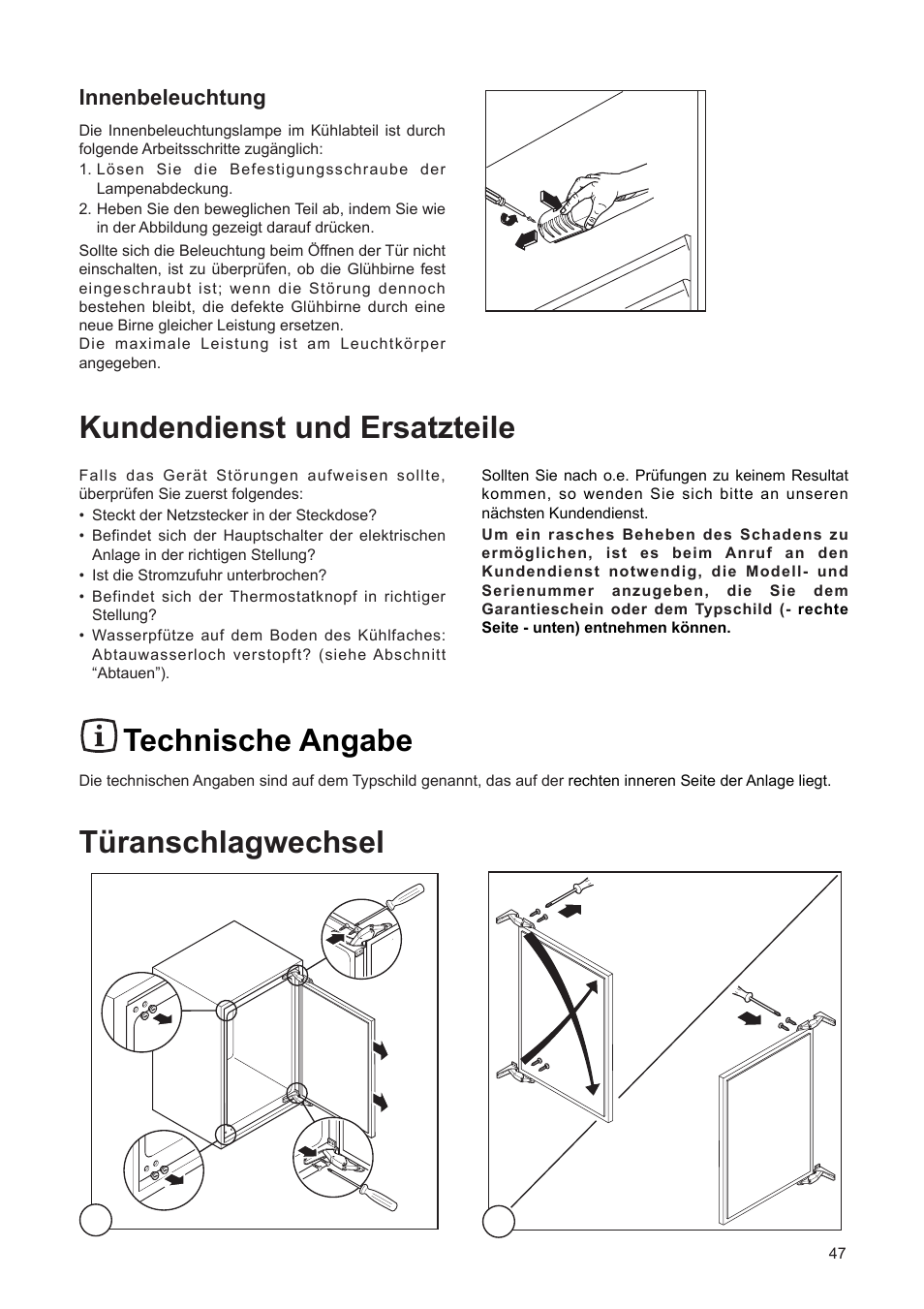 Kundendienst und ersatzteile, Technische angabe, Tÿranschlagwechsel | Innenbeleuchtung | DE DIETRICH DRF312JE1 User Manual | Page 47 / 80