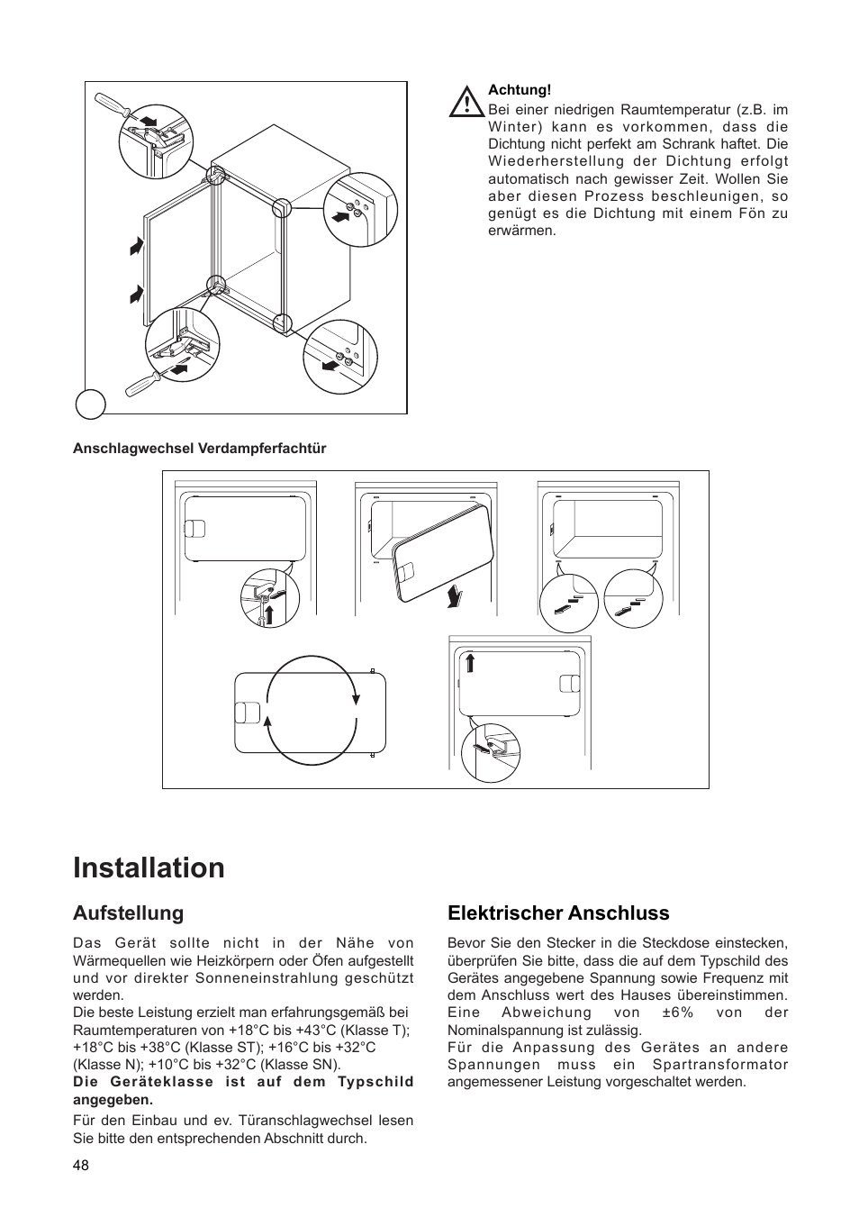 Installation, Elektrischer anschluss, Aufstellung | DE DIETRICH DRF312JE1 User Manual | Page 48 / 80