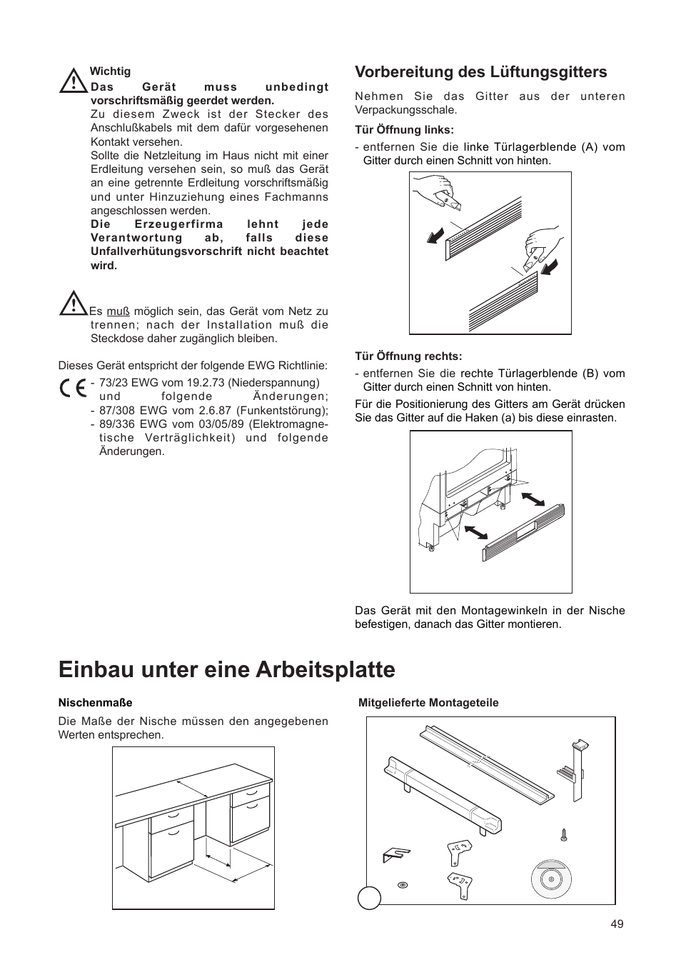 Einbau unter eine arbeitsplatte, Vorbereitung des lÿftungsgitters | DE DIETRICH DRF312JE1 User Manual | Page 49 / 80