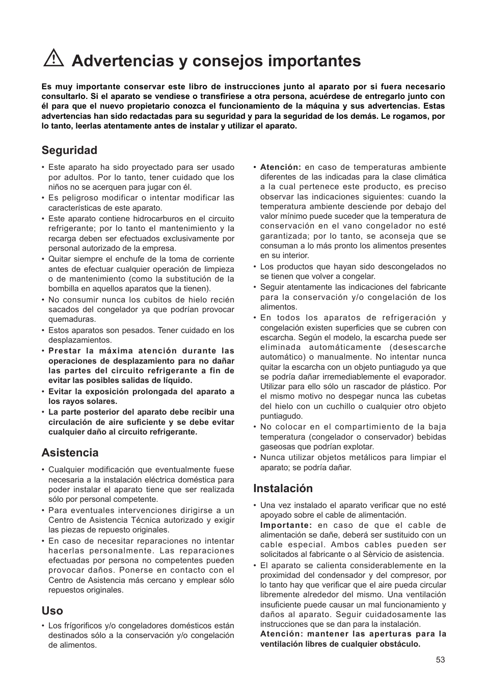 Advertencias y consejos importantes, Seguridad, Asistencia | Instalaci—n | DE DIETRICH DRF312JE1 User Manual | Page 53 / 80