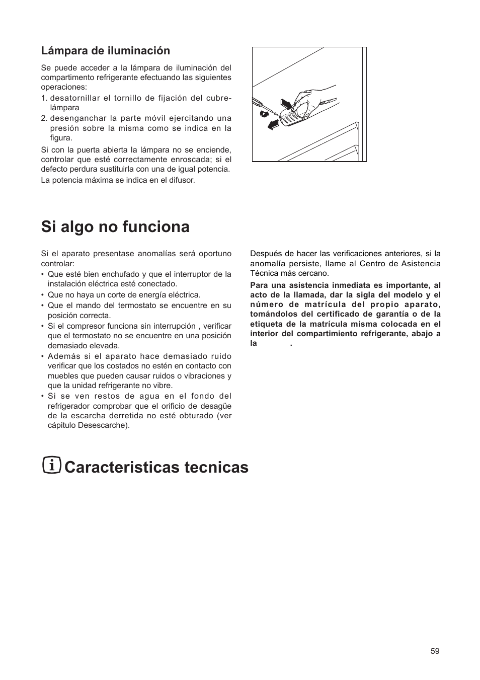 Caracteristicas tecnicas, Si algo no funciona, L‡mpara de iluminaci—n | DE DIETRICH DRF312JE1 User Manual | Page 59 / 80