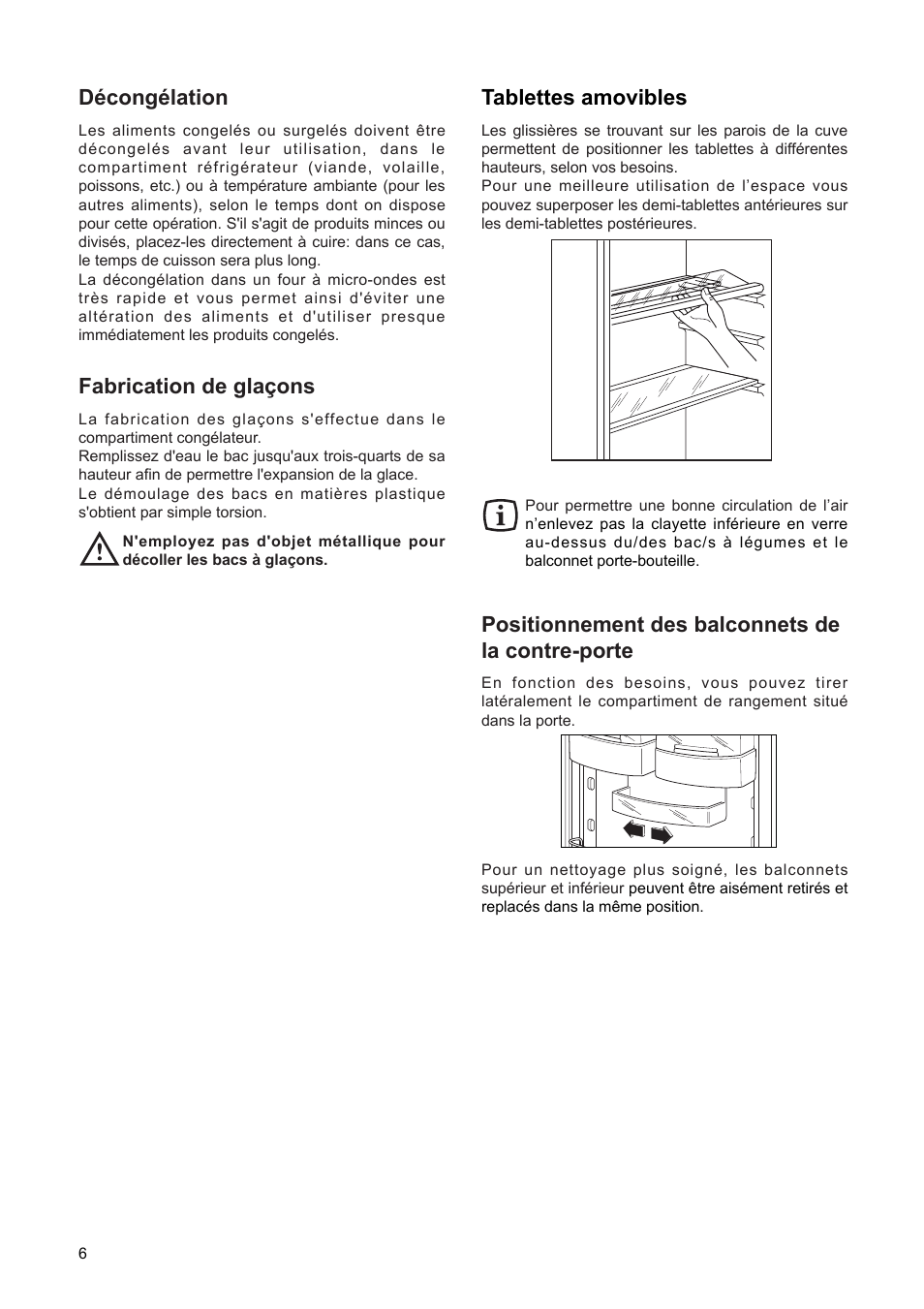 Fabrication de gla•ons, Tablettes amovibles, Džcongžlation | Positionnement des balconnets de la contre-porte | DE DIETRICH DRF312JE1 User Manual | Page 6 / 80