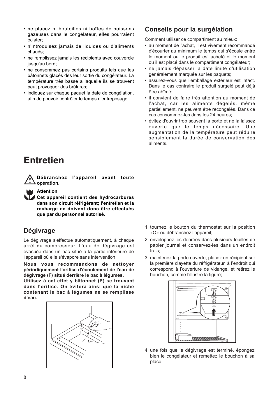 Entretien, Conseils pour la surgžlation, Džgivrage | DE DIETRICH DRF312JE1 User Manual | Page 8 / 80