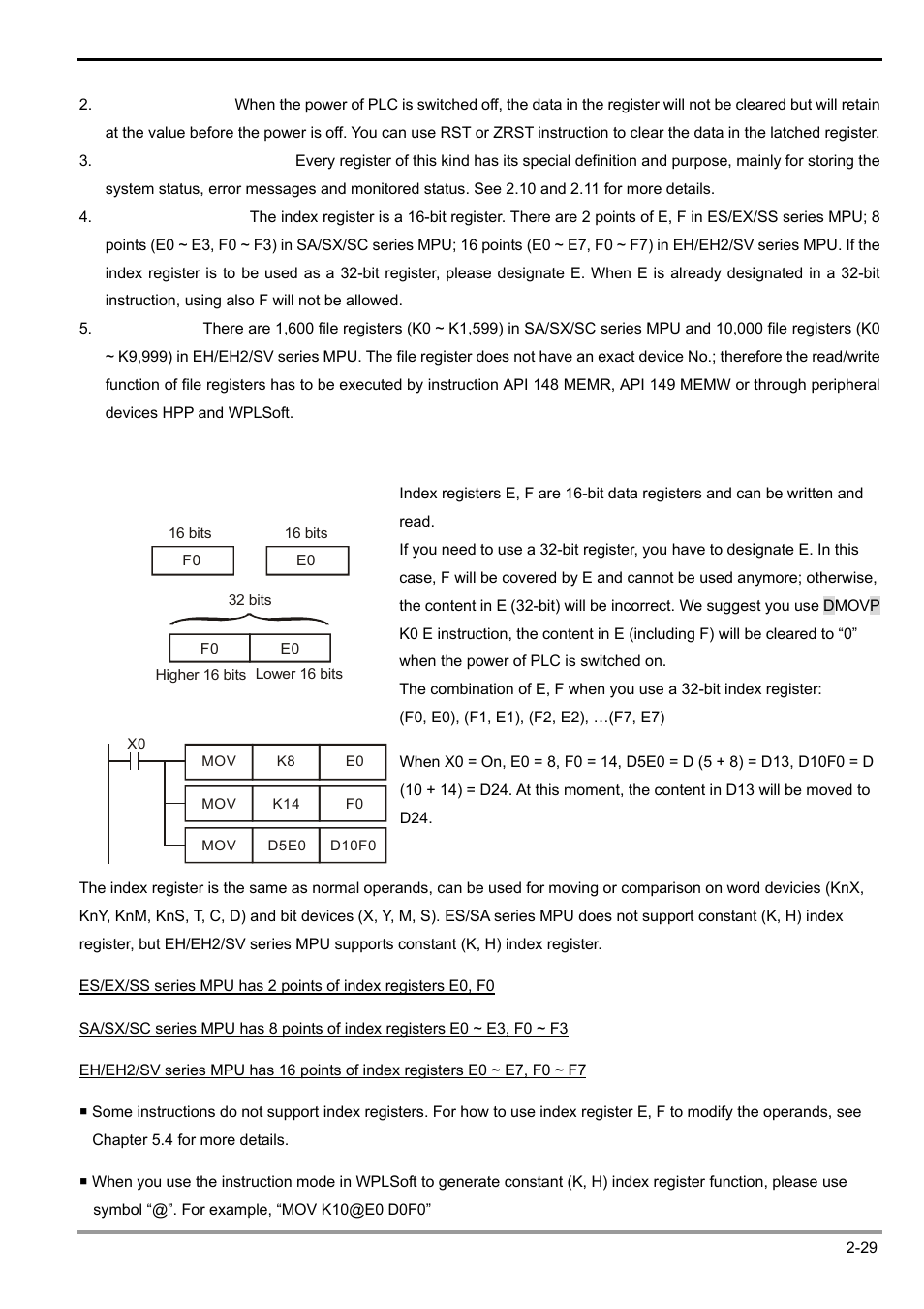 2 index register [e], [f, 2 functions of devices in dvp-plc | Delta Electronics Programmable Logic Controller DVP-PLC User Manual | Page 57 / 586