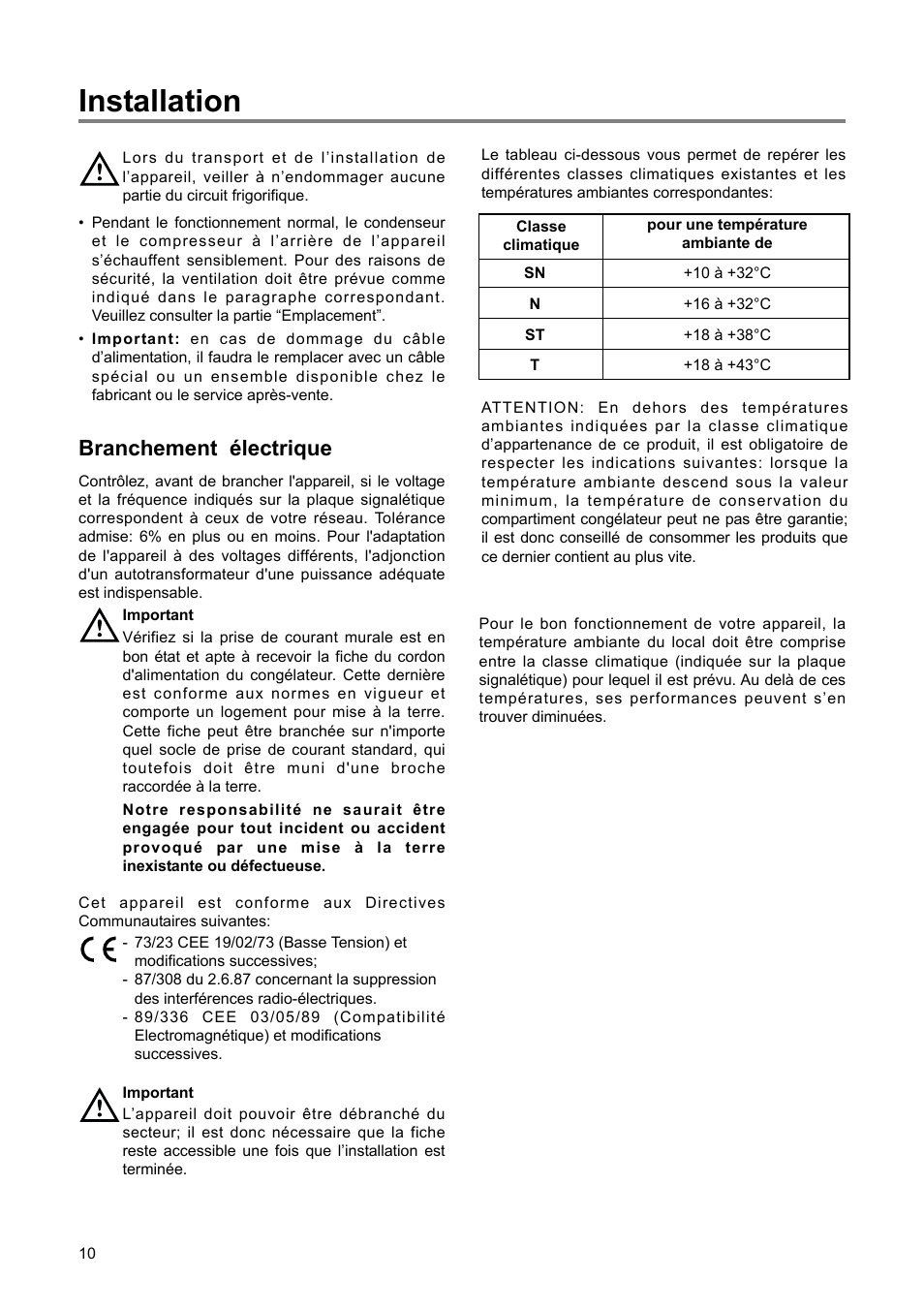 Installation, Branchement électrique | DE DIETRICH DRH714JE User Manual | Page 10 / 80